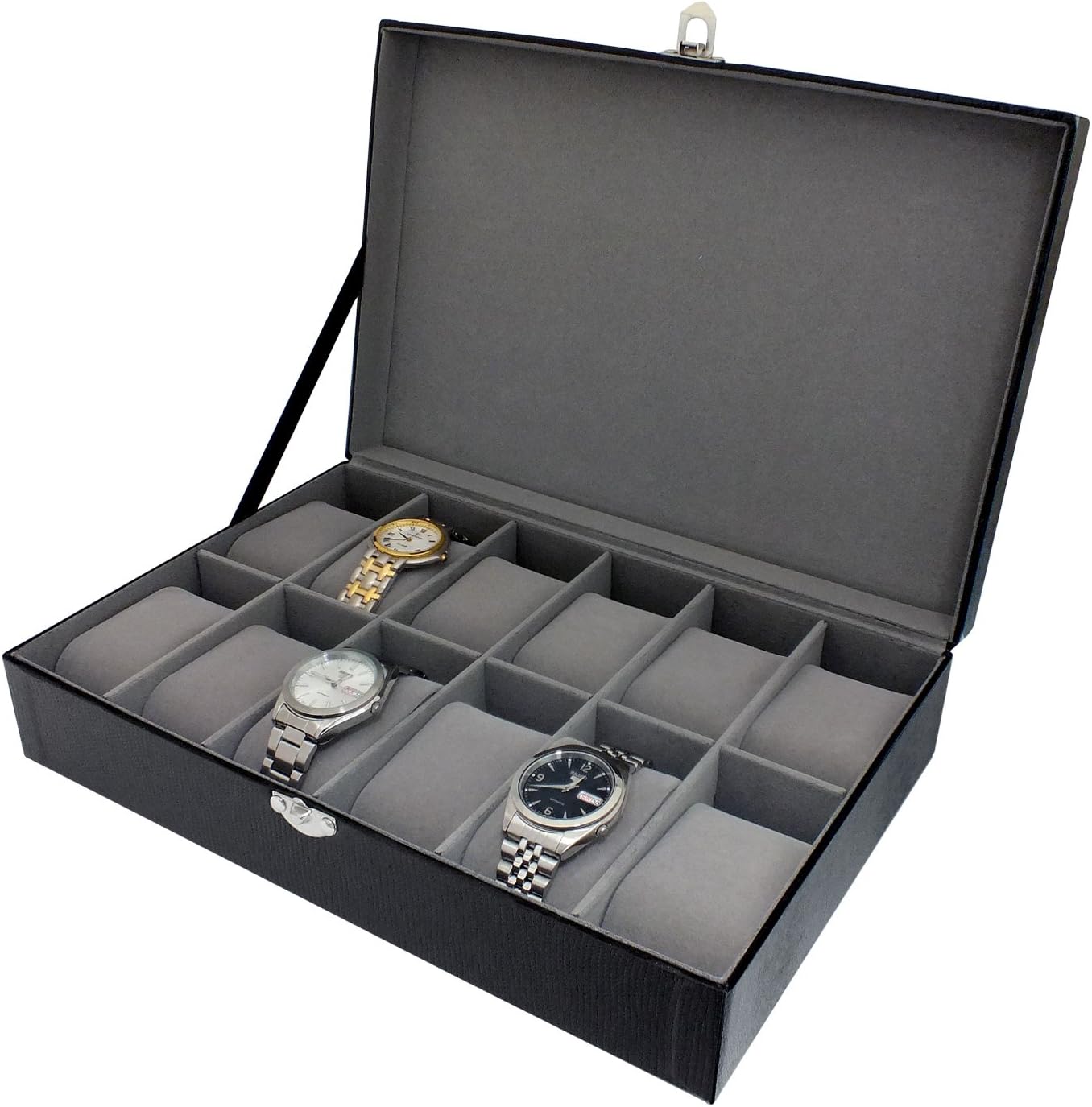 Harvey Makin Gents Black Textured Design Leather 12 Compartment Watch Case Storage Box