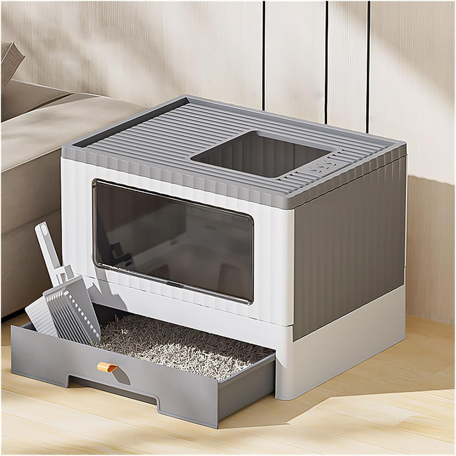 Litterbox Foldable Cat Litter Box with Lid, Top Entry Anti-Splashing Cat Toilet, Enclosed Cat Potty with Cat Litter Scoop, Non-Sticky, Easy Clean Cat Litter Tray(Gris)