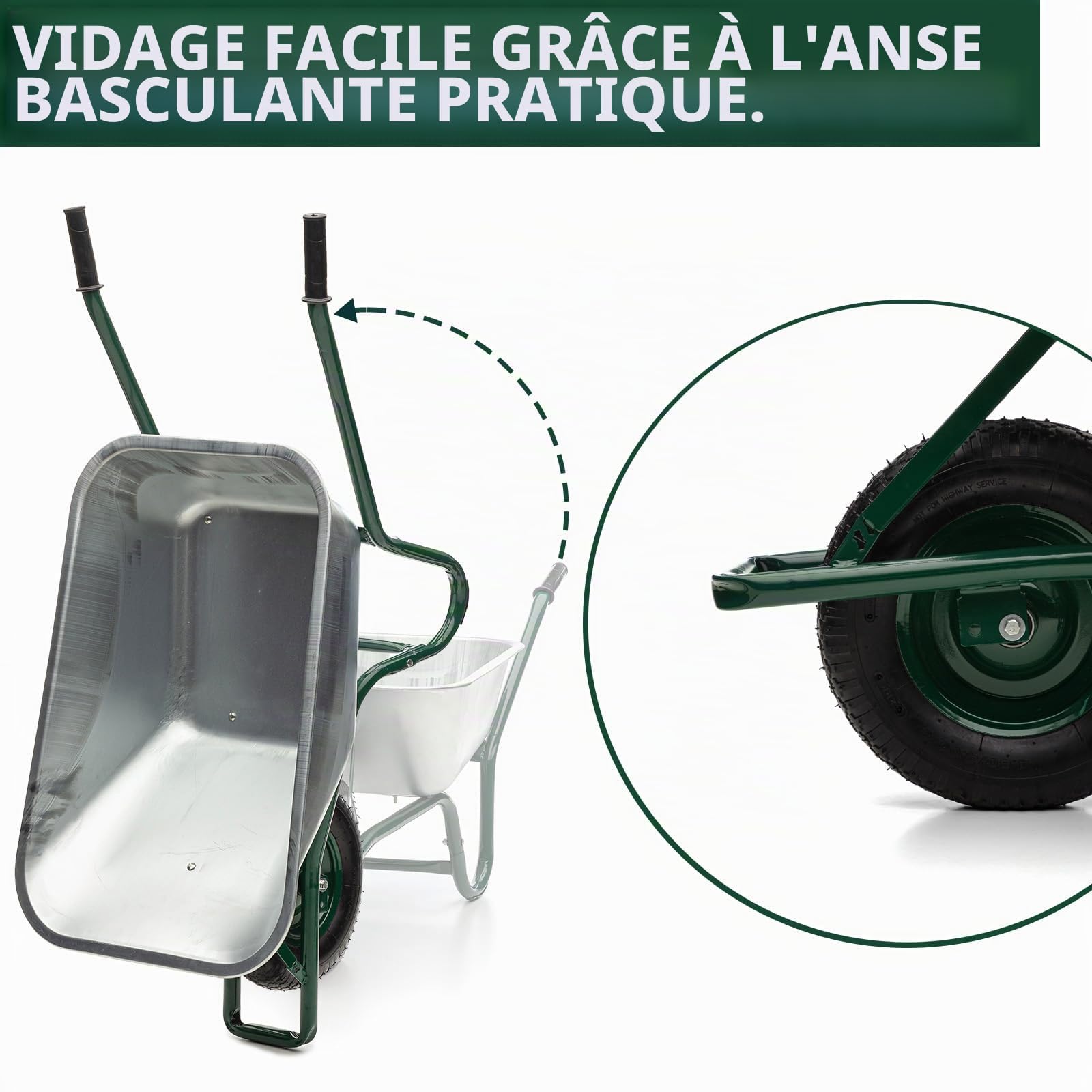 Brouette MIDORI de 100 litres avec capacité de charge de 210 kg, Pneus Pneumatiques, Cadre et Jante en Acier, Galvanisé, Tippable, Antidérapant, Résistant aux intempéries