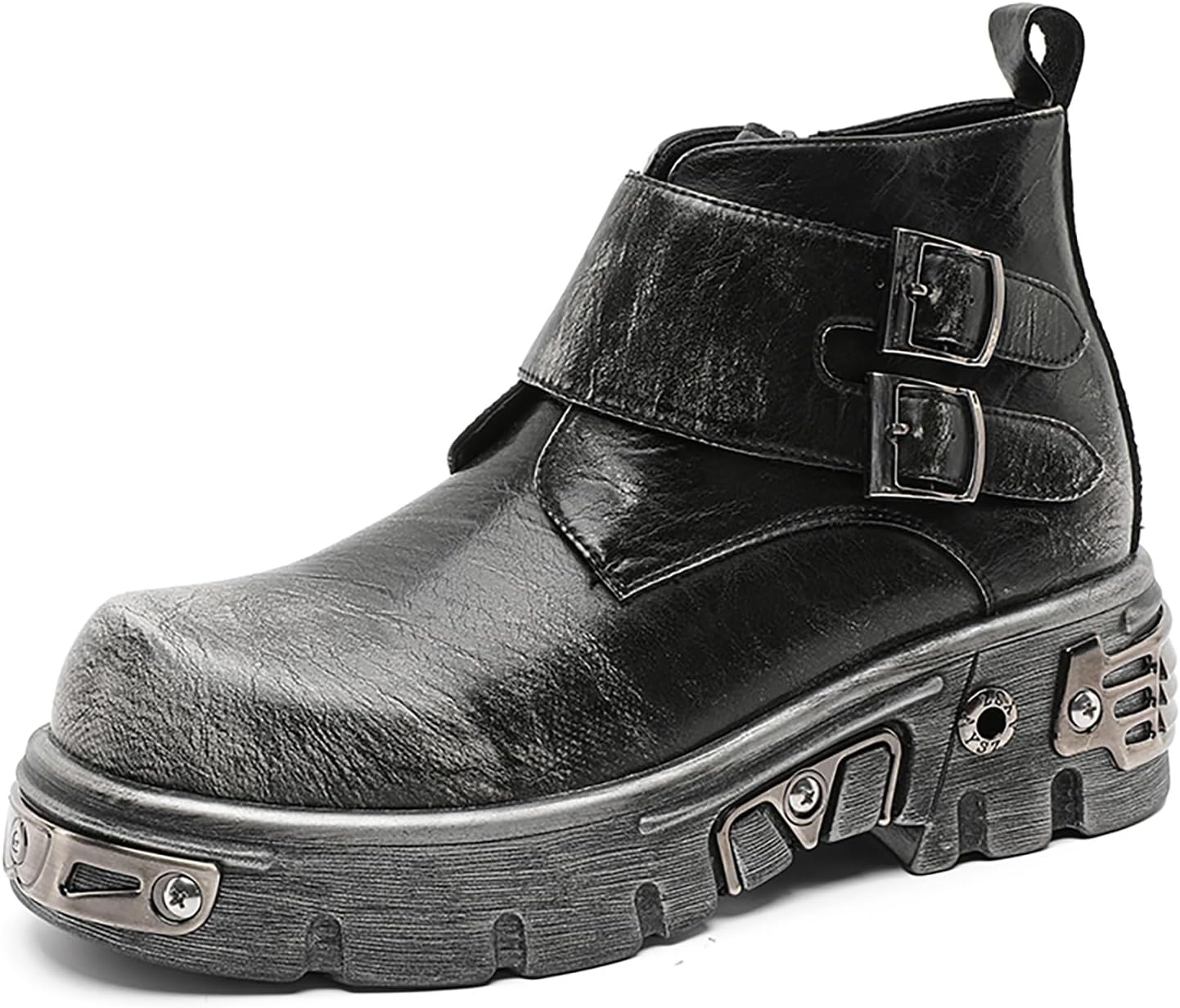 Men's Punk Platform Ankle Boots Retro Leather Side Zip Non-Slip Boots with Adjustable Monk Buckle Comfort Fashion Motorcycle Boots