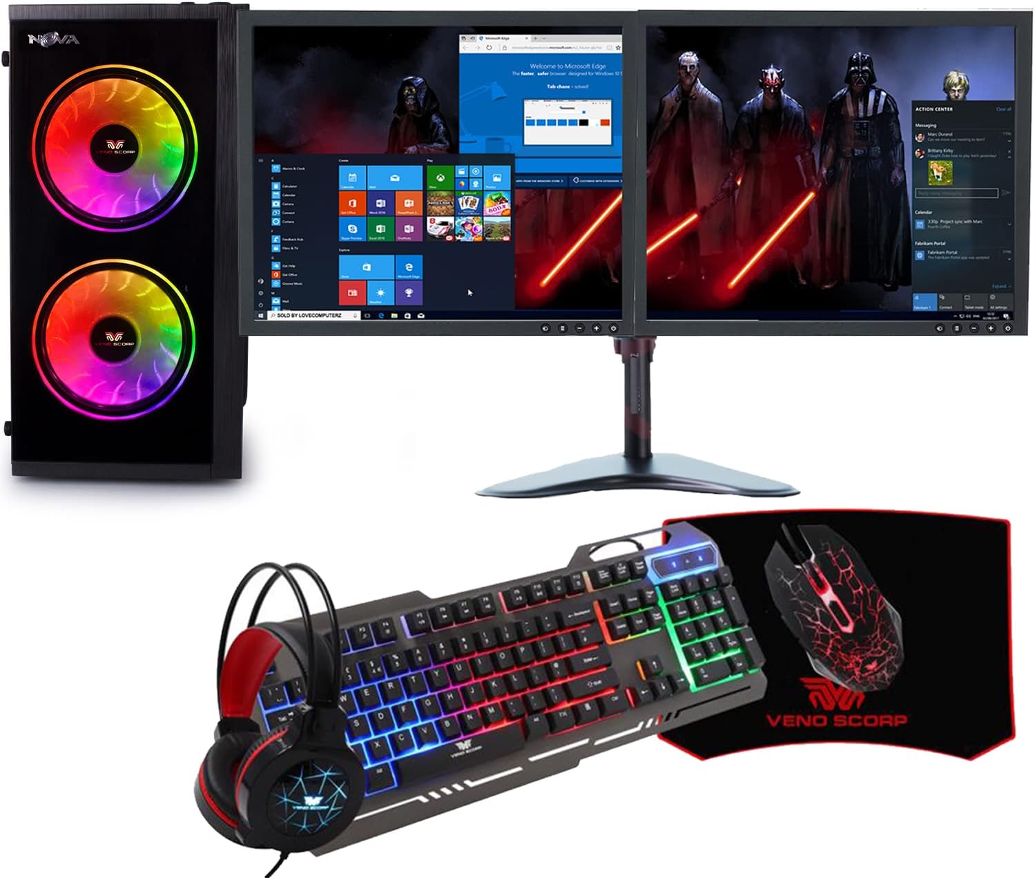 Veno Scorp ARGB Gaming PC i5, 240GB SSD, 500GB HDD, 8GB RAM, GT1030 2GB, Dual 19” Monitors, Win 11, Wifi (Renewed)