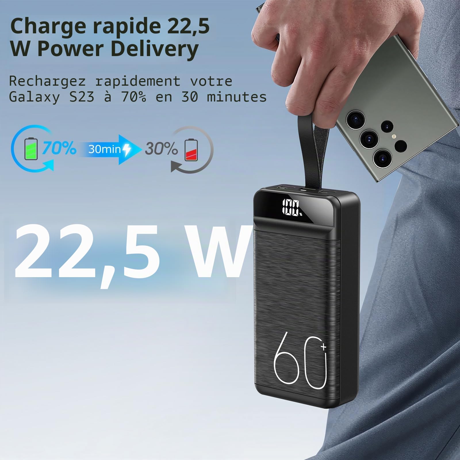 Power Bank 60000 mAh 22,5 W Charge Rapide Chargeur USB-C Charge Rapide avec 4 sorties et 3 entrées, Écran LED Grande capacité Batterie externe pour la plupart des appareils électroniques