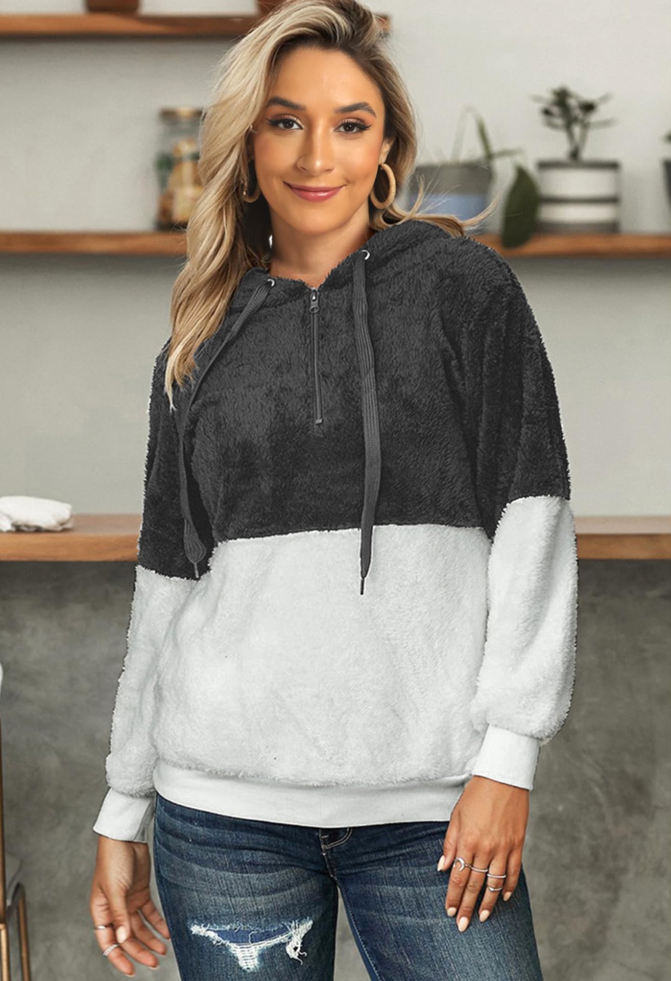 Damskie bluzy z kapturem sweter ponadgabarytowy sweter polarowy z długim rękawem ciepły pluszowy sweter na co dzień elegancki zimowy sznurek