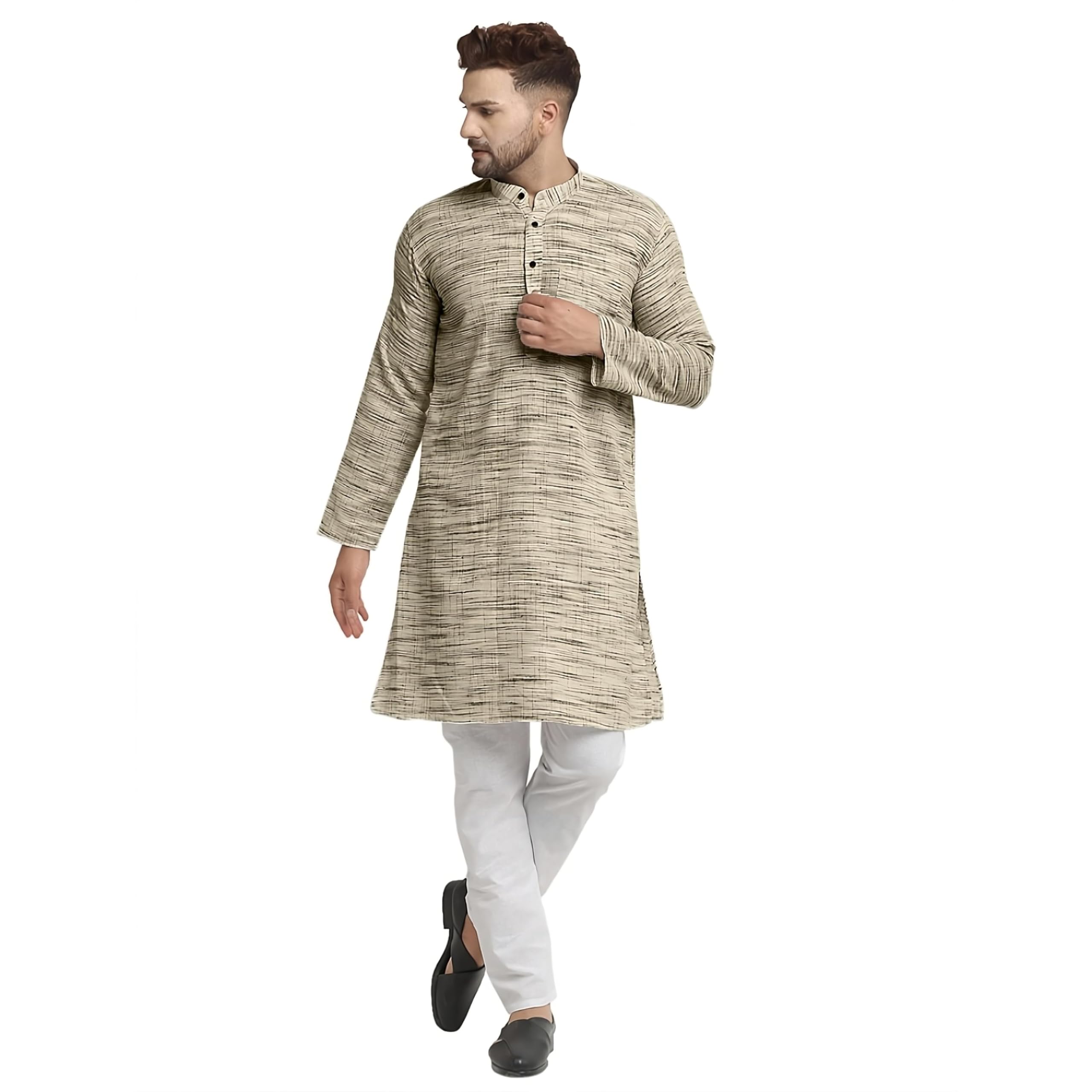 Men's Khadie Cotton - Kurta Pyjama Set - Beige Color-image-38