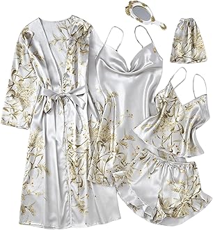 GORGLITTER Women's 5 Piece Floral Print Satin Silk Pajama Set Nightgown Robe Cami Shorts Sleepwear Pj Sets