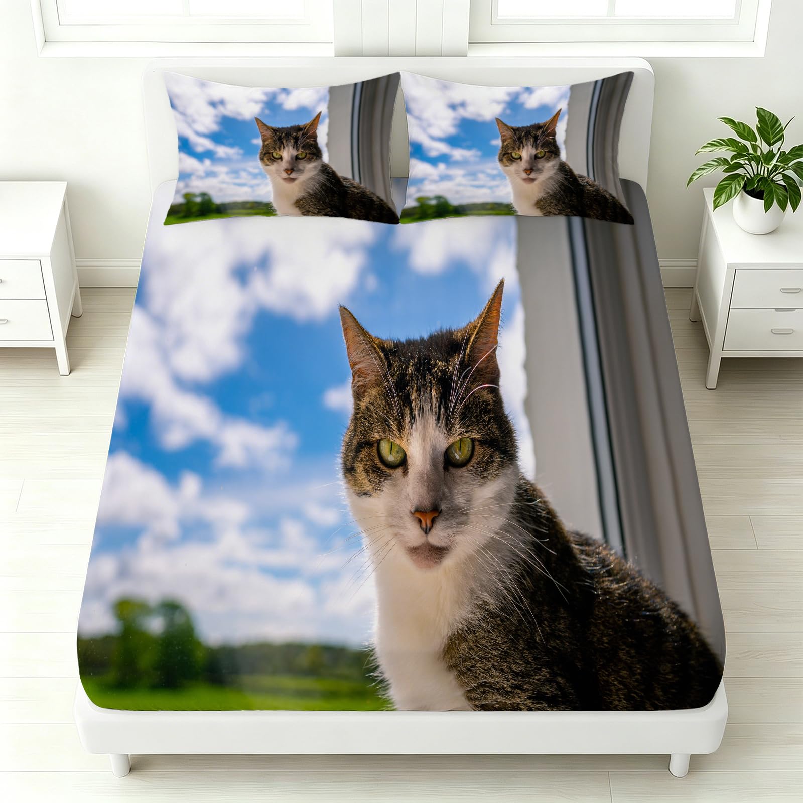 Sábana Bajera 160 x 200 Ajustable Gatito Adorable Cielo