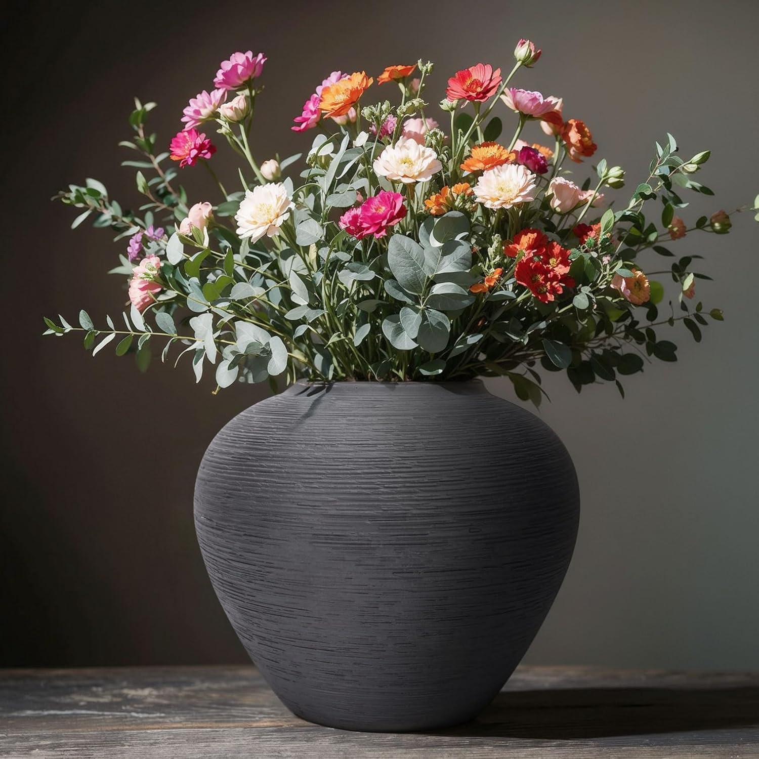 rustic black ceramic vase with textured finish, large round terracotta vases for farmhouse home decoration, wide mouth vintage pottery vases for living room, kitchen, table centerpieces small
