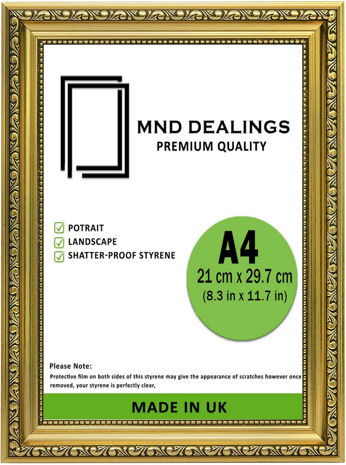 MND Dealings Ornate Shabby Chic A4 Certificate Picture Photo Poster Frame -Gold Antique Vintage Style - MDF back board Perspex Sheet | Gift Wall Art Gallery Home Decor -A4 (21 x 29.7 cm)
