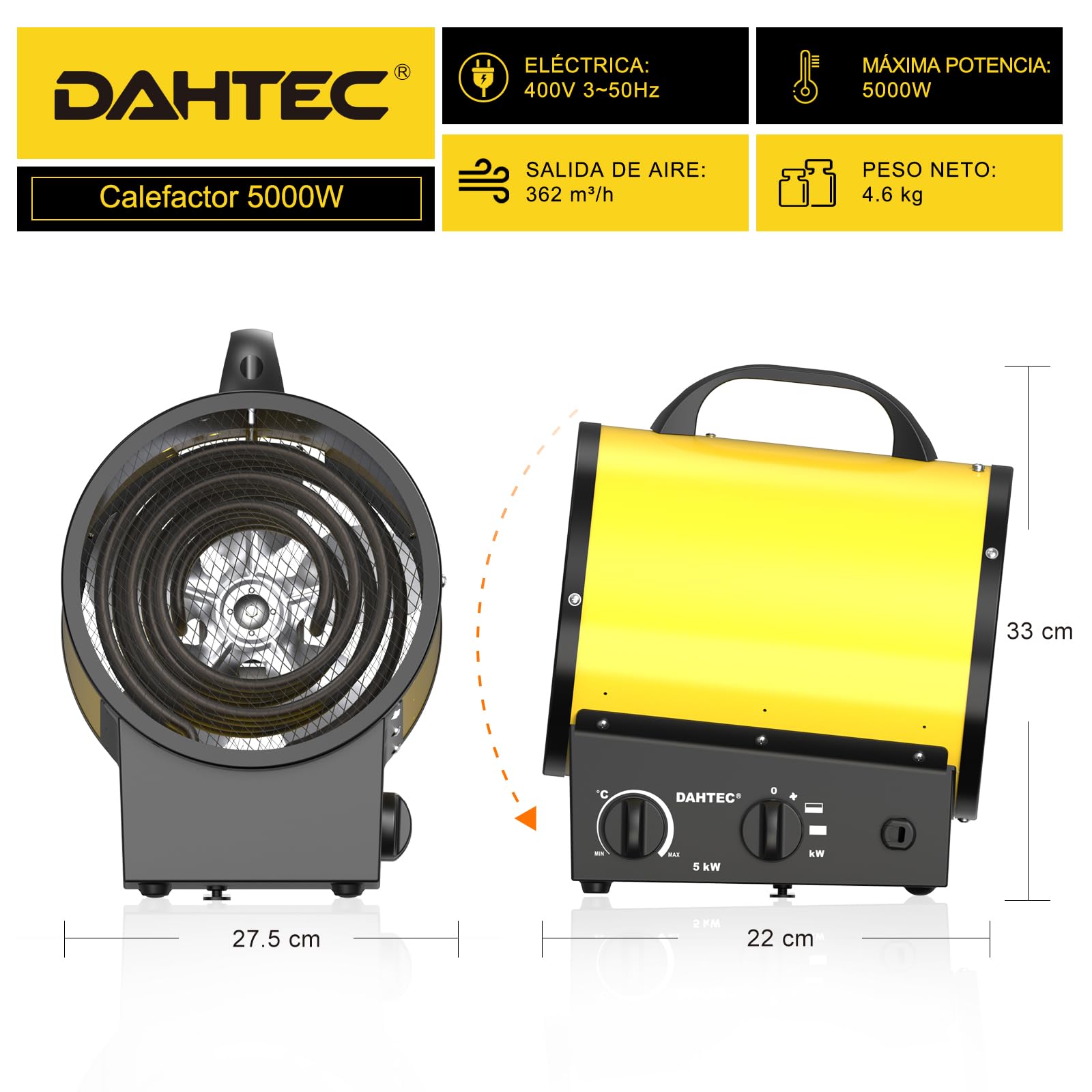 Calefactor 5000W - Calentador Electrico Portatil - Con Asa, Termostato y Protección Contra Sobrecalentamiento - Apto para Garajes, Tallers