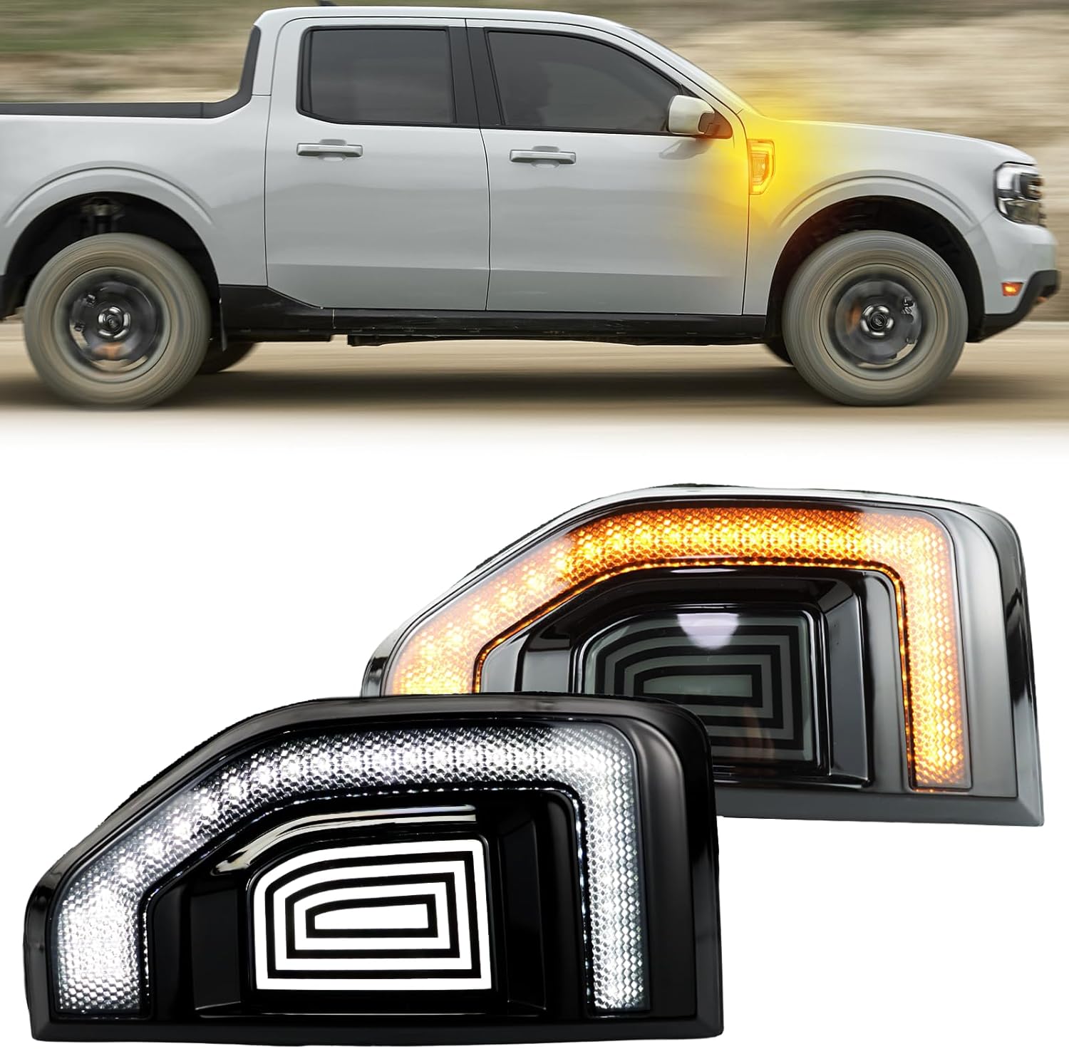 LED Front Side Marker Light DRL Amber Sequential Turn Signal Lamp 2 in 1 Function Feature Kit for Ford Maverick 2022 2023 2024 2025 Fender Trim Rocker Panel OEM Trim Accessories