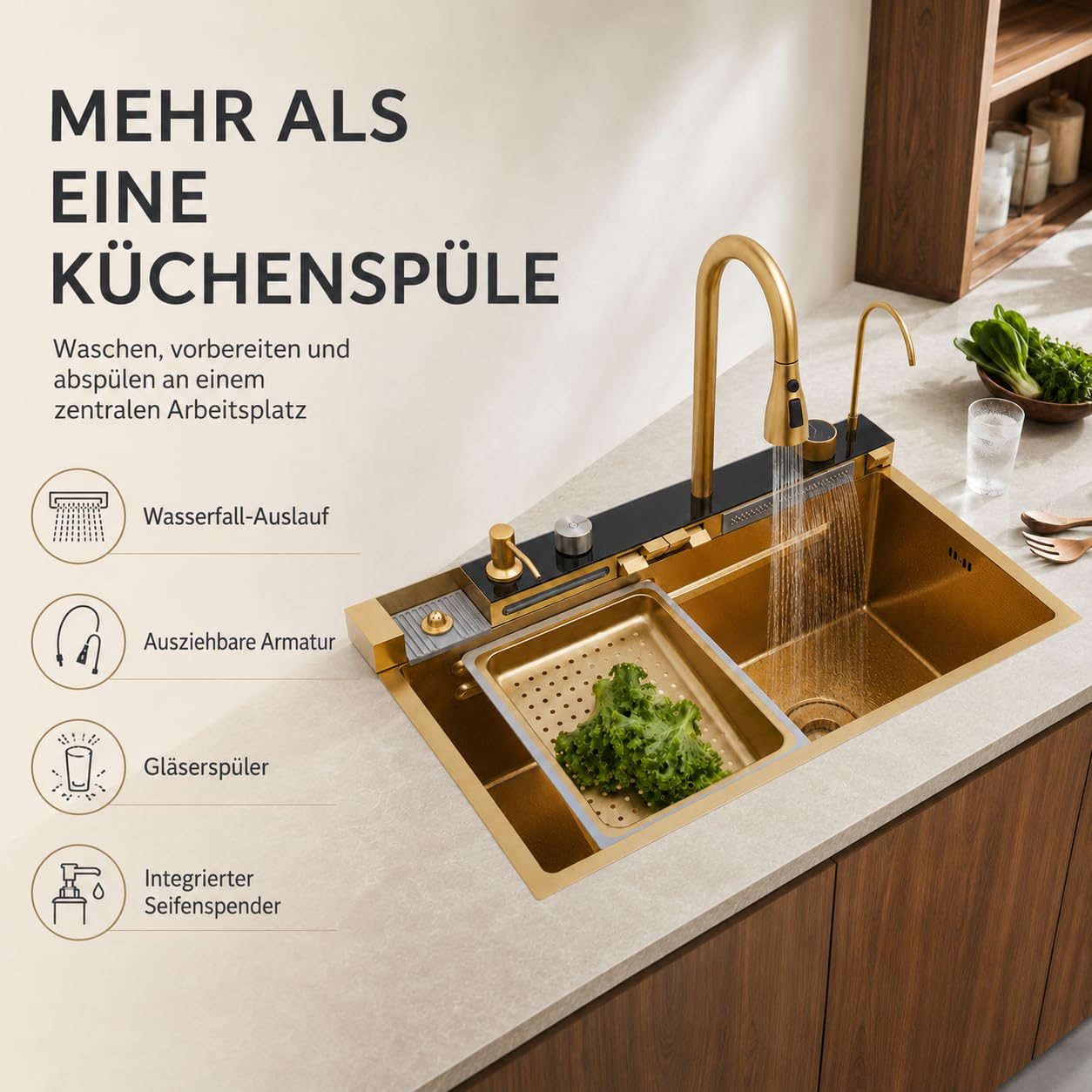 Évier de cuisine multifonction cascade robinet amovible plusieurs variantes de bec avec nettoyant pour tasses et distributeur de détergent 75 x 46 x 22 cm Doré