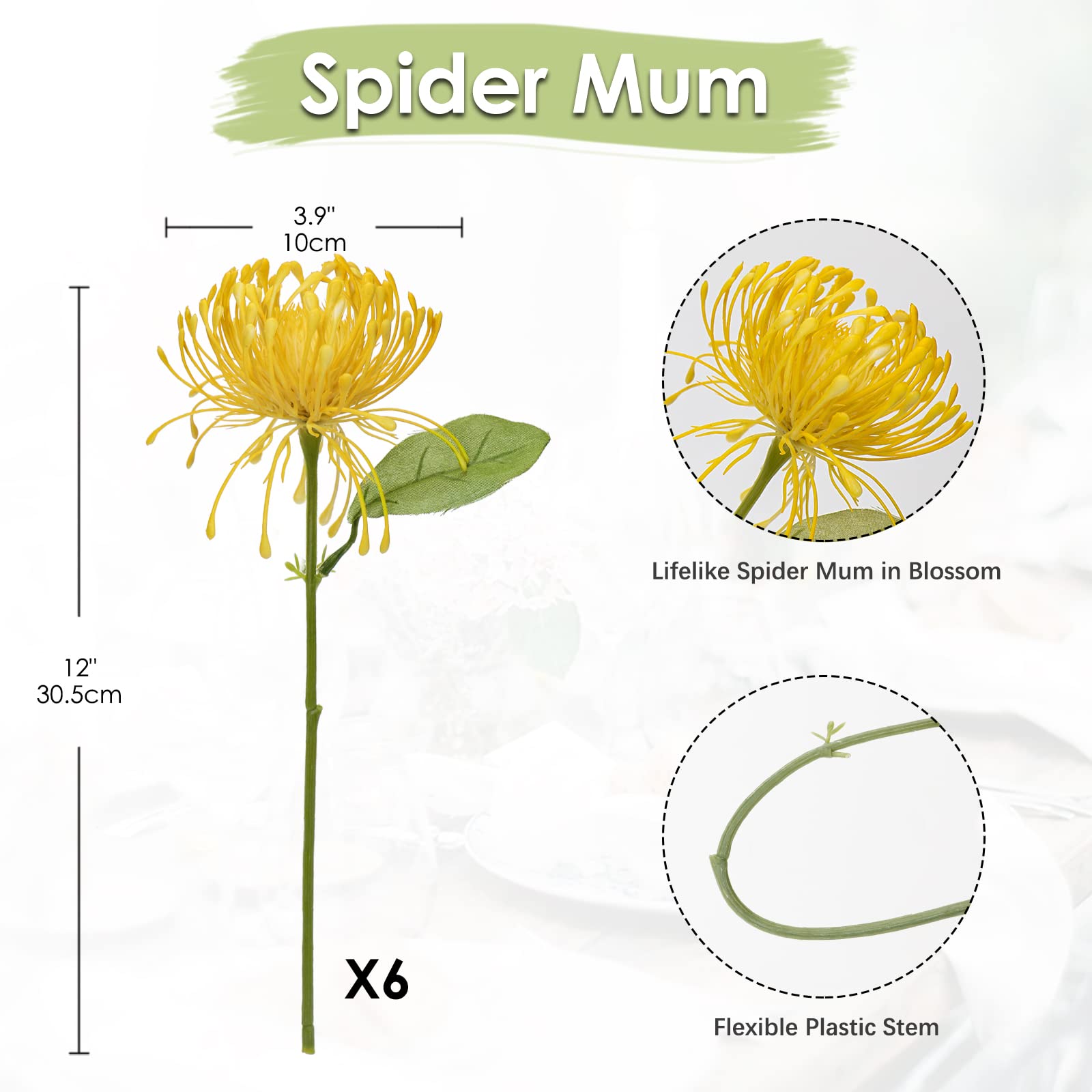 Briful 6 PCS Artificial Chrysanthemum Flowers Yellow Artificial Flowers Spider Mum Fake Flowers Pick Artificial Spider Mum Flowers for Floral Arrangment Wedding Bouquet Home Bathroom Decor - Image 2
