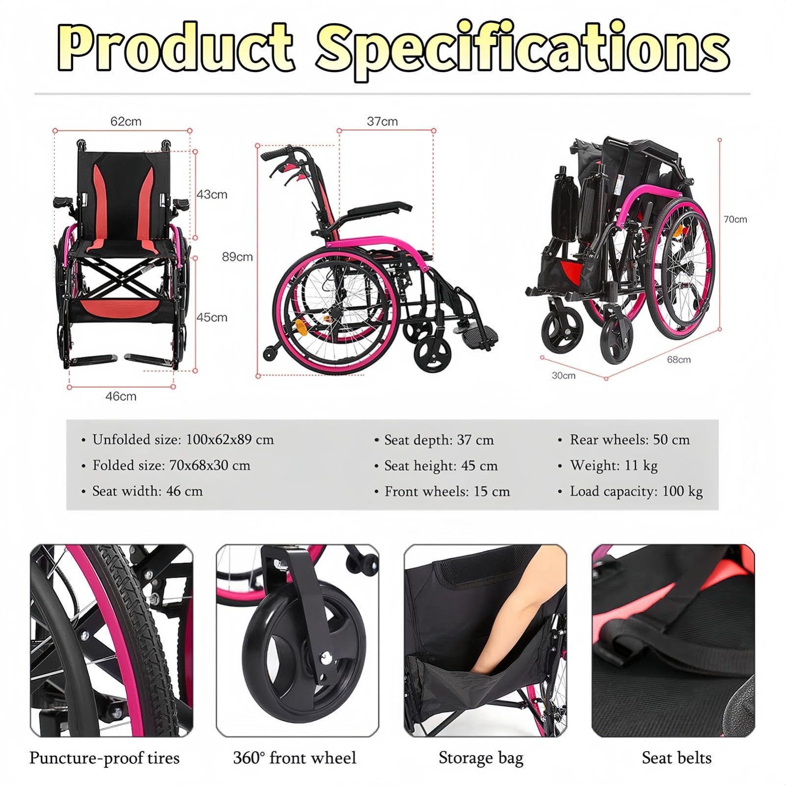 Silla de Ruedas Silla de Ruedas Activa de Aluminio Ligera y Plegable, Silla de Ruedas de Viaje Ultraligera, reposabrazos giratorios, 11 kg, para el hogar y de Viaje A