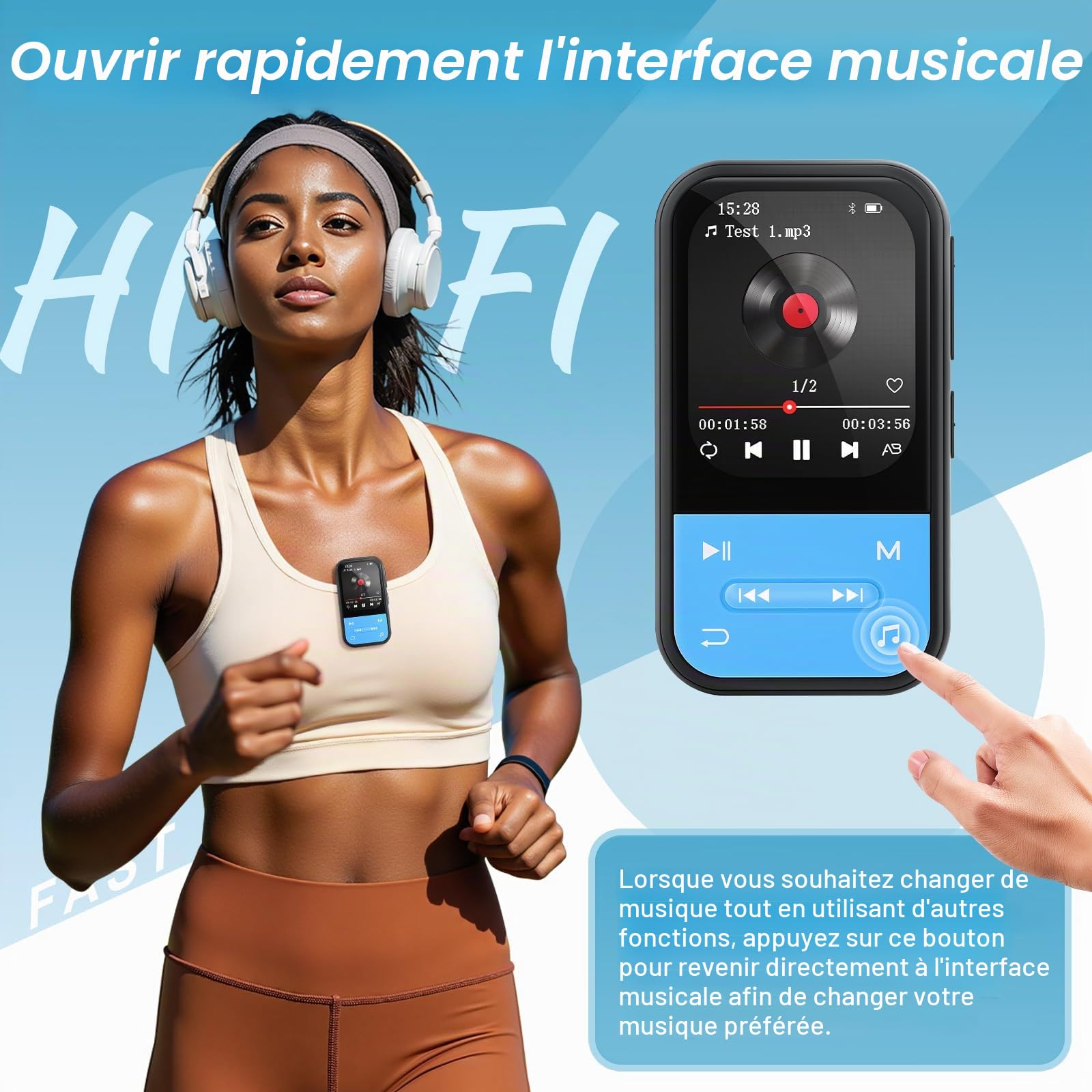 Lecteur MP3 64 Go - Lecteur MP3 Clip avec Bluetooth 5.3, Lecteur de Musique Portable avec Radio FM, enregistreur Vocal, podomètre, Design Mini idéal pour Le Sport, écouteurs Inclus (Bleu)