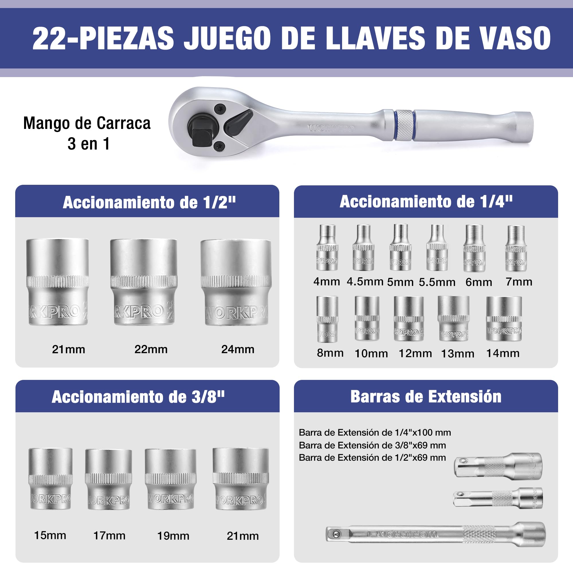 WORKPRO Caja Herramientas, Juego de Llaves de Vaso de 22 Piezas con Mango de Trinquete, Llave de Carraca de 1/4”, 3/8”, 1/2”, Llaves de Vaso Métricas de Acero C-V con Barras de Extensión, con Estuche