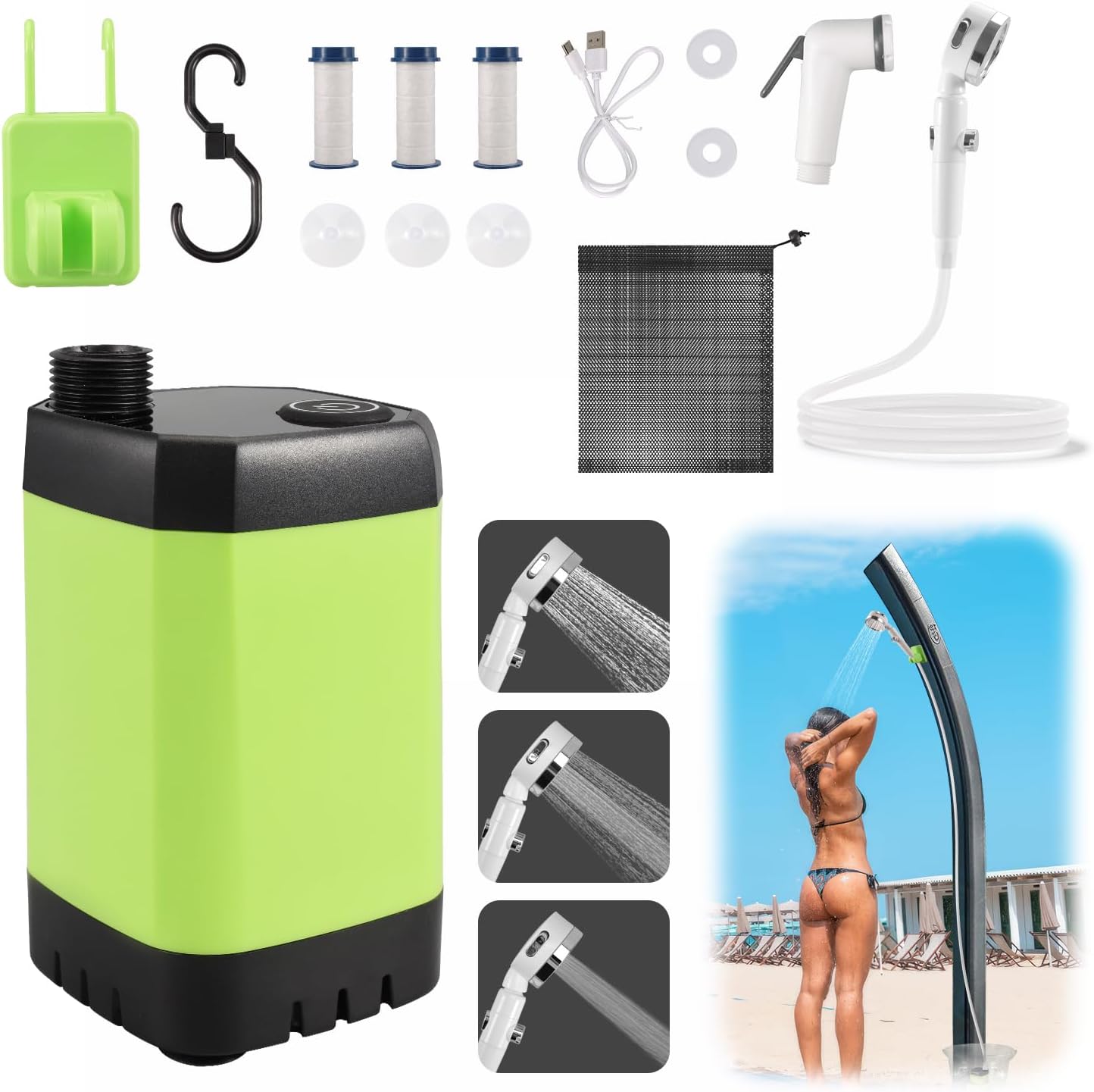 Portable Camping Shower,[6000mAh ] Rechargeable Outdoor Shower Pump with Intelligent LED Display,3 Spray Modes, IPX7 Waterproof, Filter Included - for Hiking, Travel, Pet Bath&Car Wash