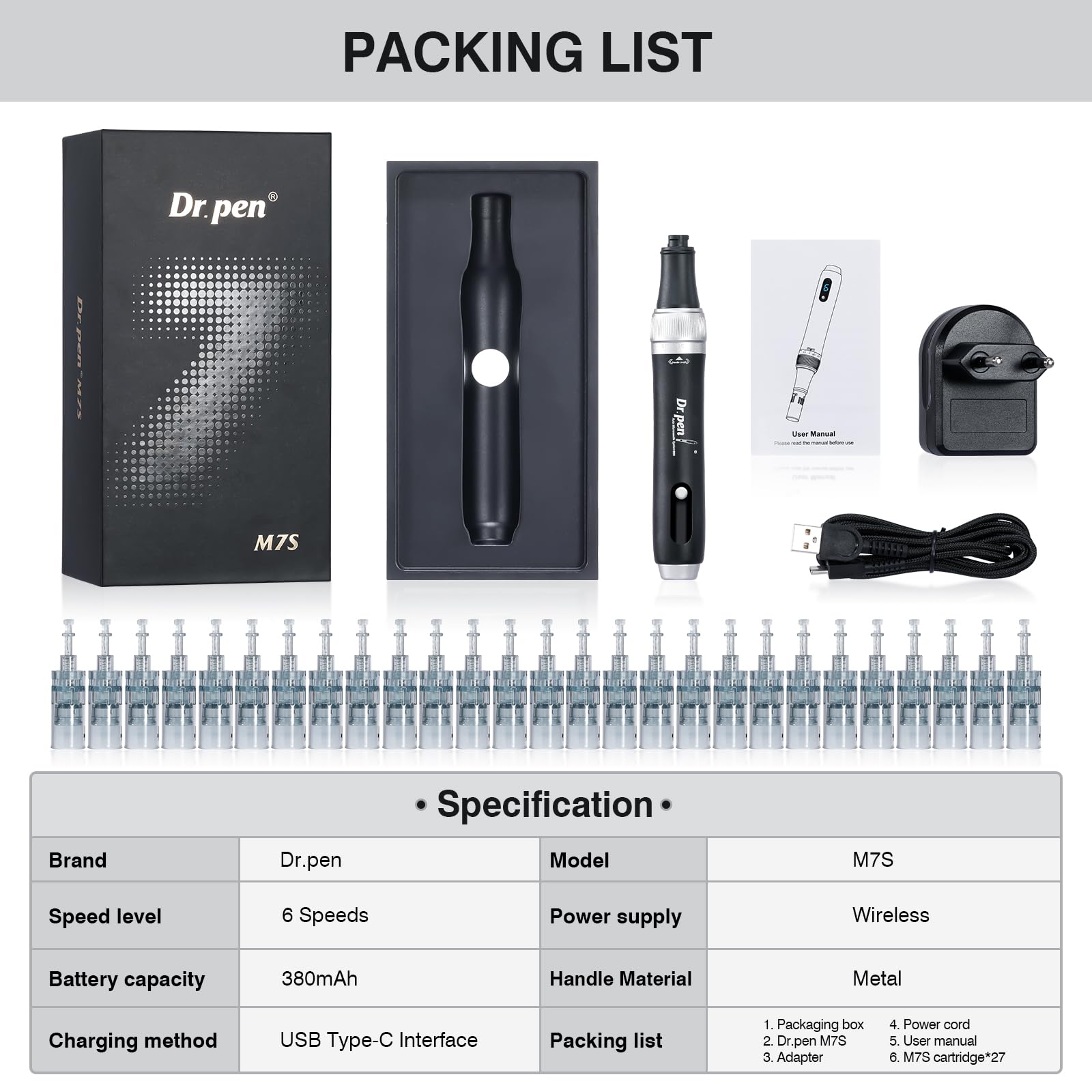 Dr. pen Ultima M7S Microneedling Pen - bezprzewodowy długopis do mikronakłuwania elektryczny Derma Pen do pielęgnacji twarzy, ciała i skóry, długopis do mikronakłuwania - z 27 wkładami(Czarny)