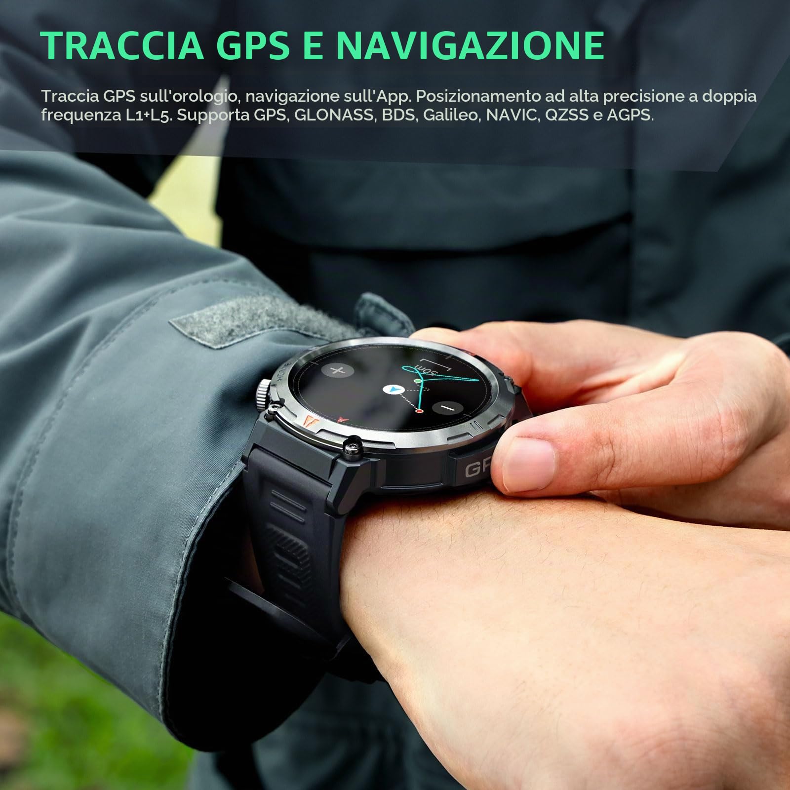 GPS Smartwatch Militare Uomo Impermeabile 3ATM con Torcia LED Bussola, 1,45" HD Rugged Smartwatch Orologio con Chiamate Bluetooth, Fitness Watch con Cardiaca SpO2 Notifiche WhatsApp per Android iOS