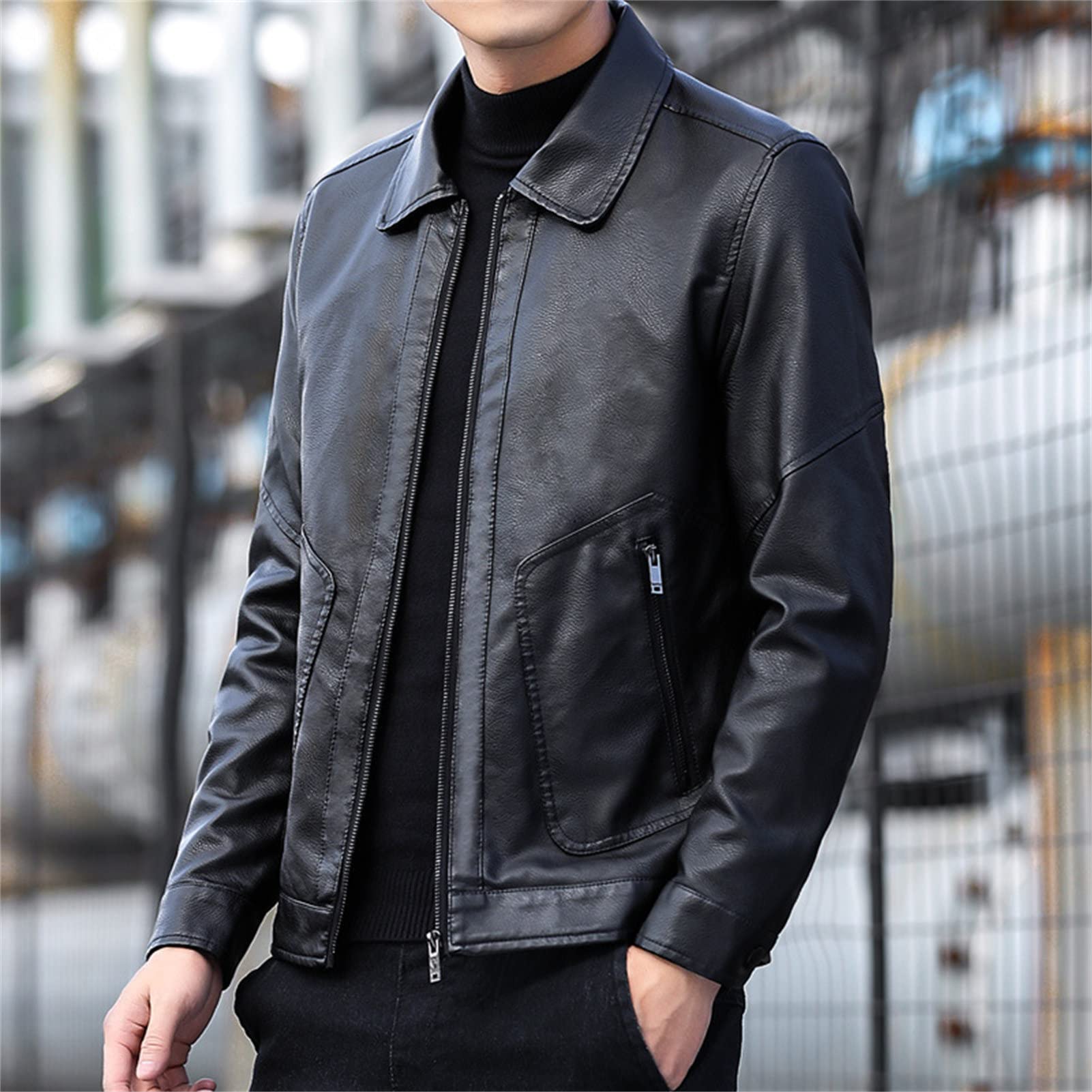 Maiyifu-GJ Men's Lapel Faux Leather Jacket Casual Slim Fit Motorcycle Jackets Lightweight Vintage Pu Outwear Coat (Black,4X-Large)