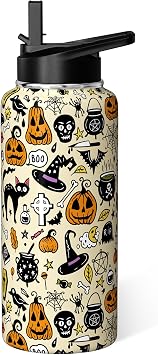 Halloween Water Bottle 32oz Pumpkin Sports Bottles with Flip Straw Halloween Gifts for Women Men Stainless Steel Cup Tumbler Spooky Gift for Adults