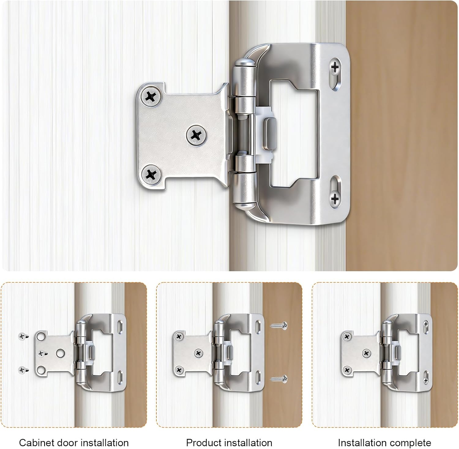 Probrico 50 Pack (25 Pairs) Brushed Nickel Cabinet Hinges, 1/2" Overlay Cabinet Door Hinges for Kitchen Cupboard Cabinet Doors,Self-Closing Wrapped Semi-Concealed Face Mount with Door Bumper & Screws