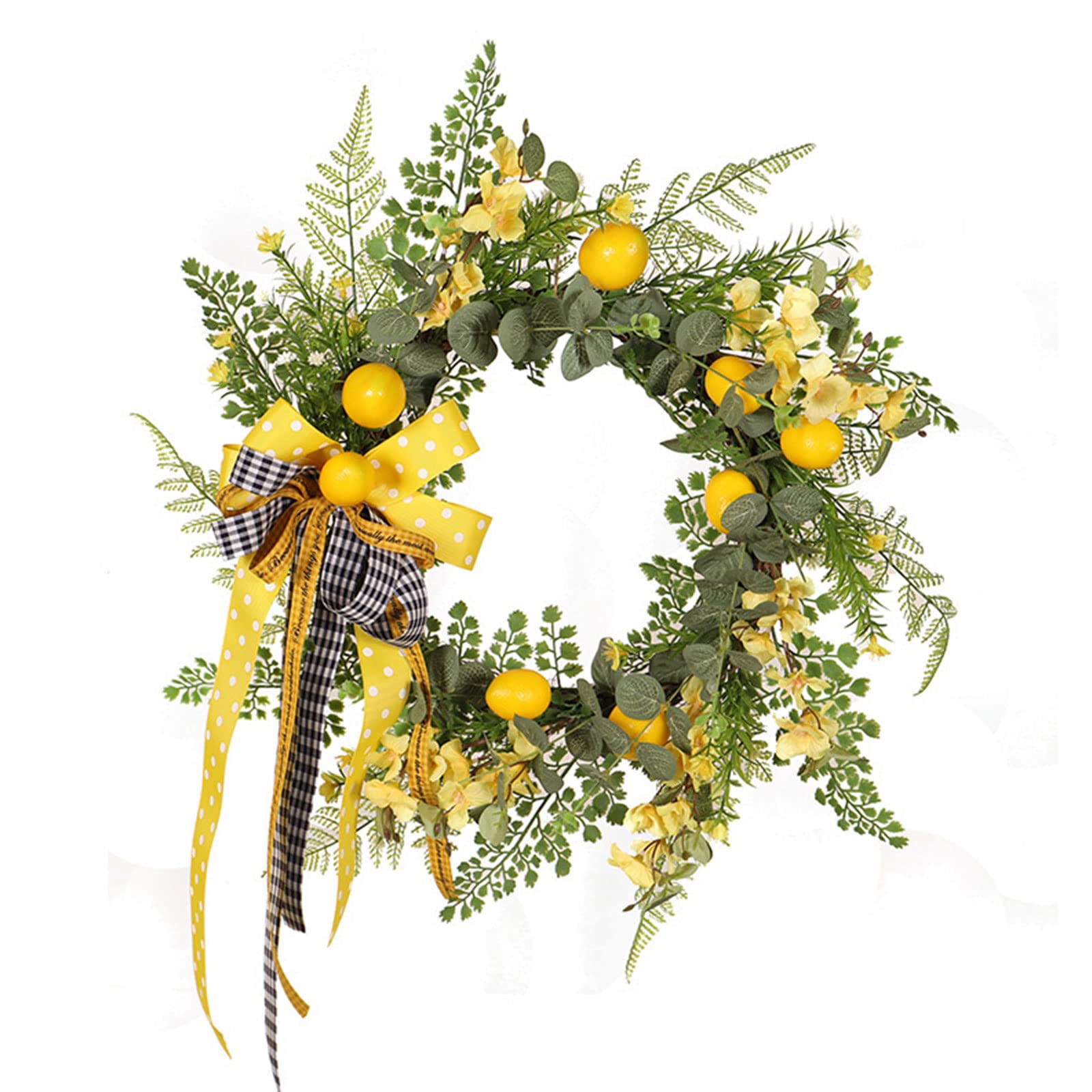 19.7in Yellow Lemon Wreath for Front Door, Spring Fruit Wreath with Artificial Lemons Green Leaves and Bow, Farmhouse Decorative Greenery Wreath for Home Indoor Outdoor Window Wall Decor