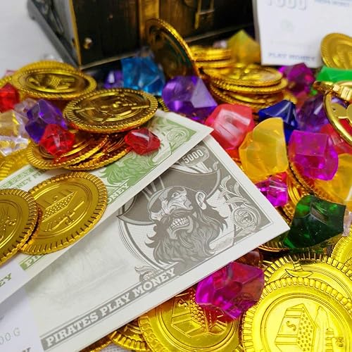 Miniatura 2 de Juego de 200 piezas de juguetes piratas, monedas de oro y gemas piratas, aretes y perlas, juego de joyas, tesoro para fiesta pirata (115