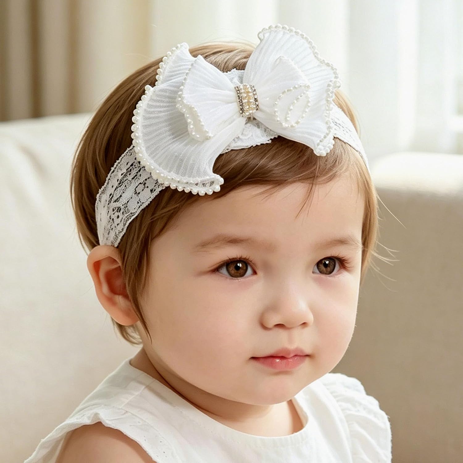 White Lace Flower Bow-knot Baby Girls Headband Birthday Infant Wrap Elastic Baby Shower Turban Hairband for Newborn Infant Toddler Kids (White Crown 1)