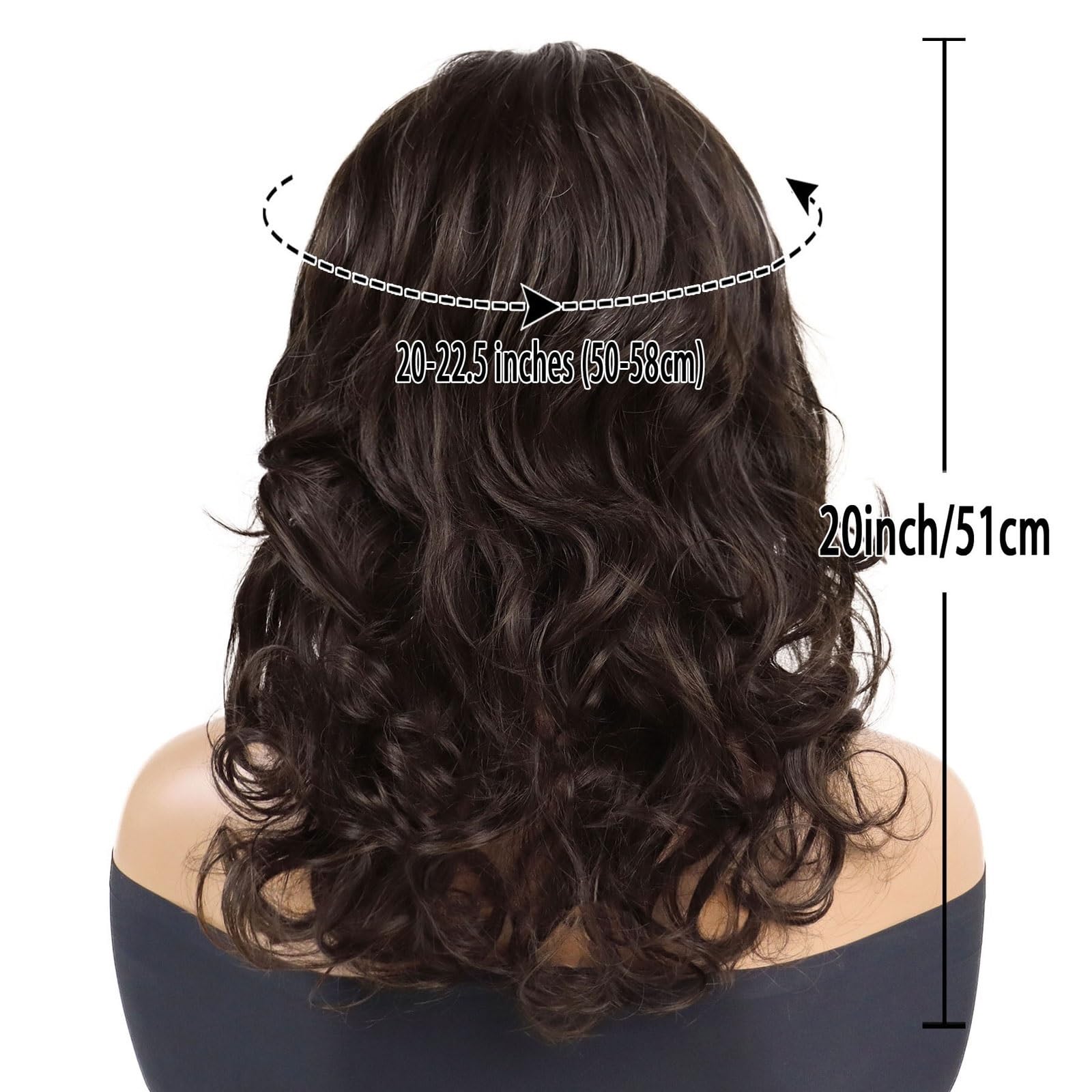 Parrucca di capelli naturali casual da donna, per uso quotidiano, evidenziata, misto capelli sintetici, parrucca marrone con frangia, parrucca di ricambio lunga e riccia (multicolore colore)