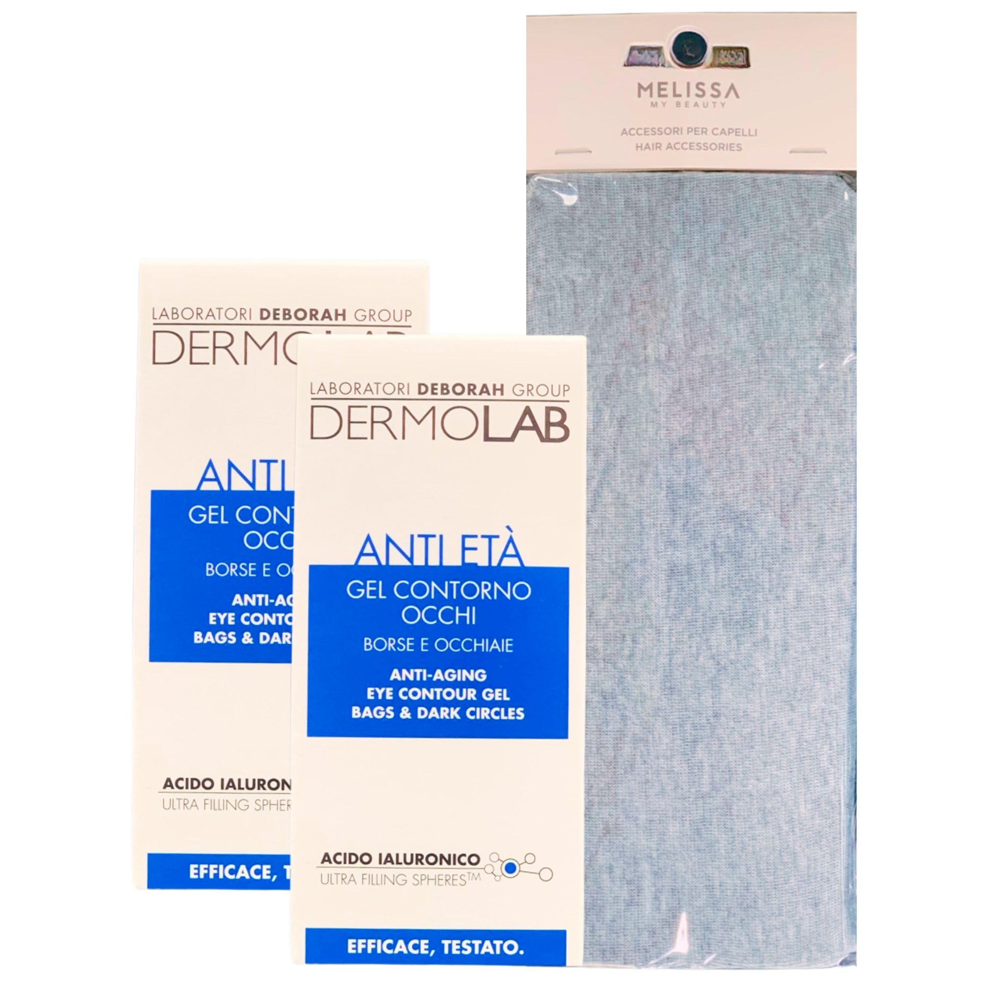 SET: 2x Gel Contorno Occhi ANTI ETA', Borse e Occhiaie. Texture Senza Profumo, Si Assorbe Rapidamente e Offre Un Effetto Rivolumizzante 15ml + Fascia Per Capelli (Colori Assortiti)