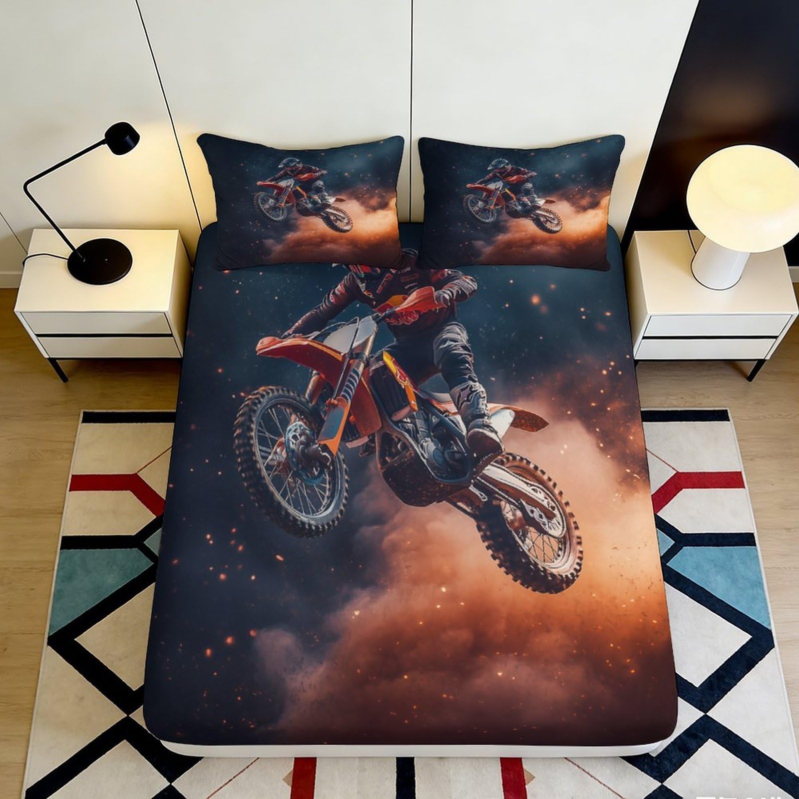 3D Printed Motocross Adventure Fitted Sheet Microfiber Soft Breathable Dirt Bike Bed Cover for Bedroom Dorm Mattress Protection Decor 90x200x25cm