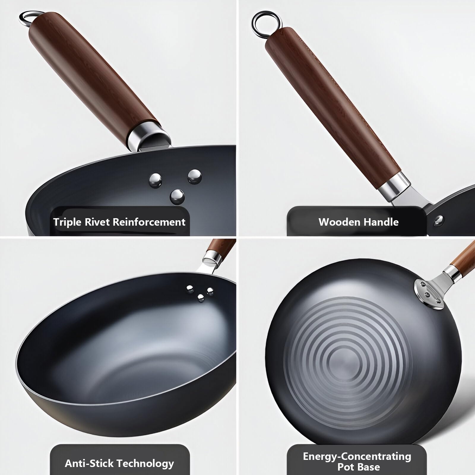 Wok żeliwny, nieprzywierająca patelnia z pokrywką i drewnianym uchwytem, idealna do gotowania indukcyjnego, elektrycznego, gazowego, naczyń kuchennych 32 cm