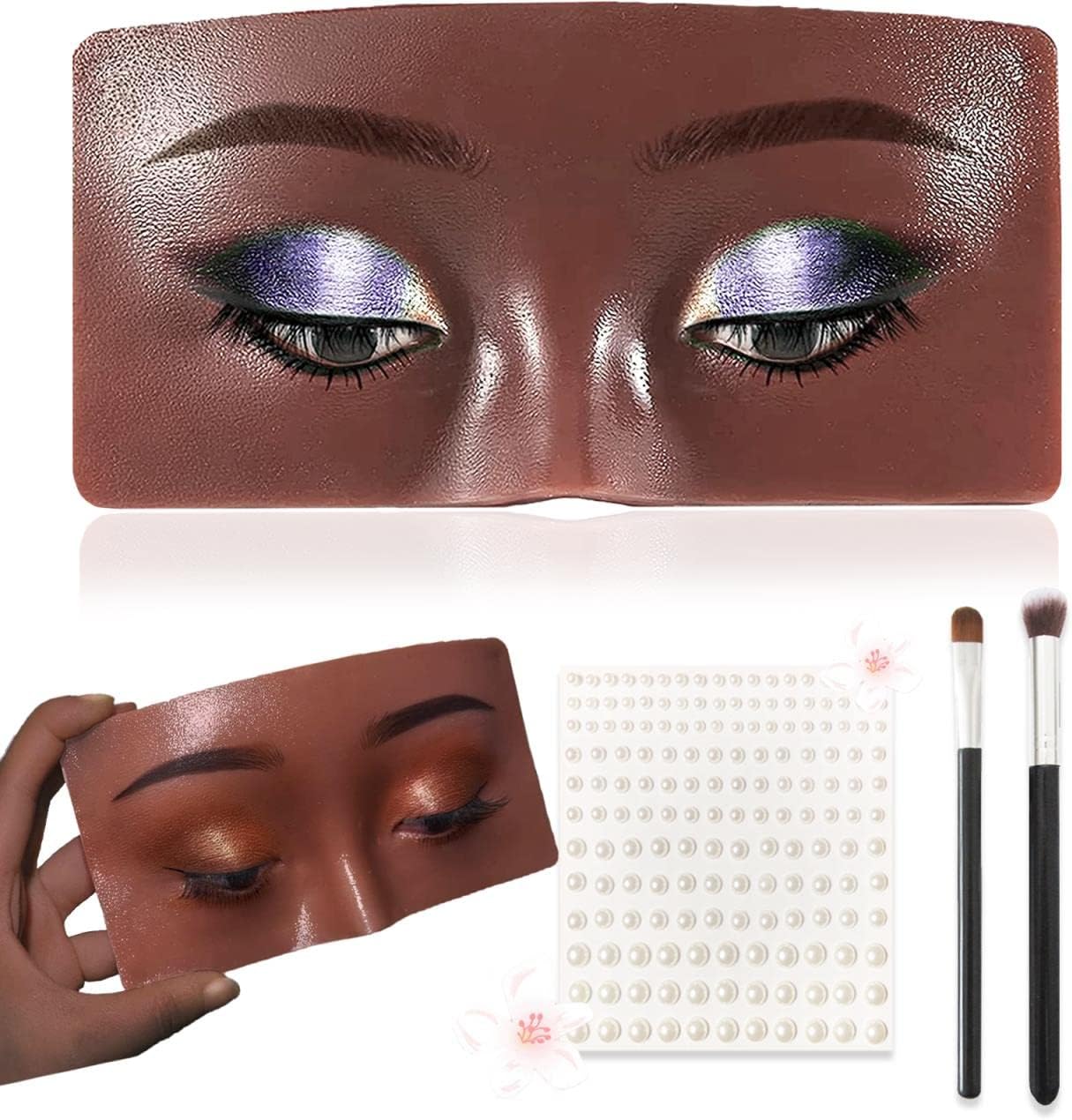 Makeup Practice Face, Silicone Makeup Practice Board, Face Eyes Makeup Mannequin for Makeup Artists and Beginners, with Makeup Brushes and 165Pcs Pearl Stickers (Black)