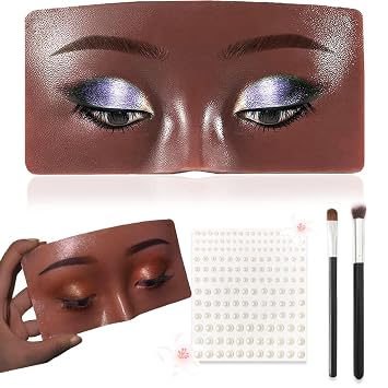 Silicone Makeup Practice Board - Face & Eyes Mannequin for Artists & Beginners, With Makeup Brushes & 165Pcs Pearl Stickers Black
