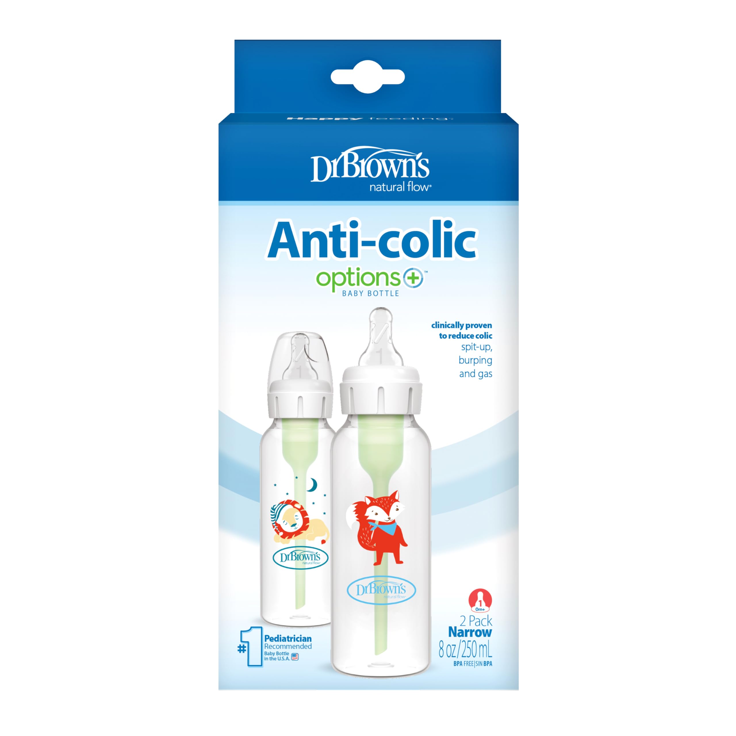 Dr. Brown’s Natural Flow® Anti-Colic Options+™ Narrow Baby Bottle 250ml Twin Pack - Lion/Fox Design