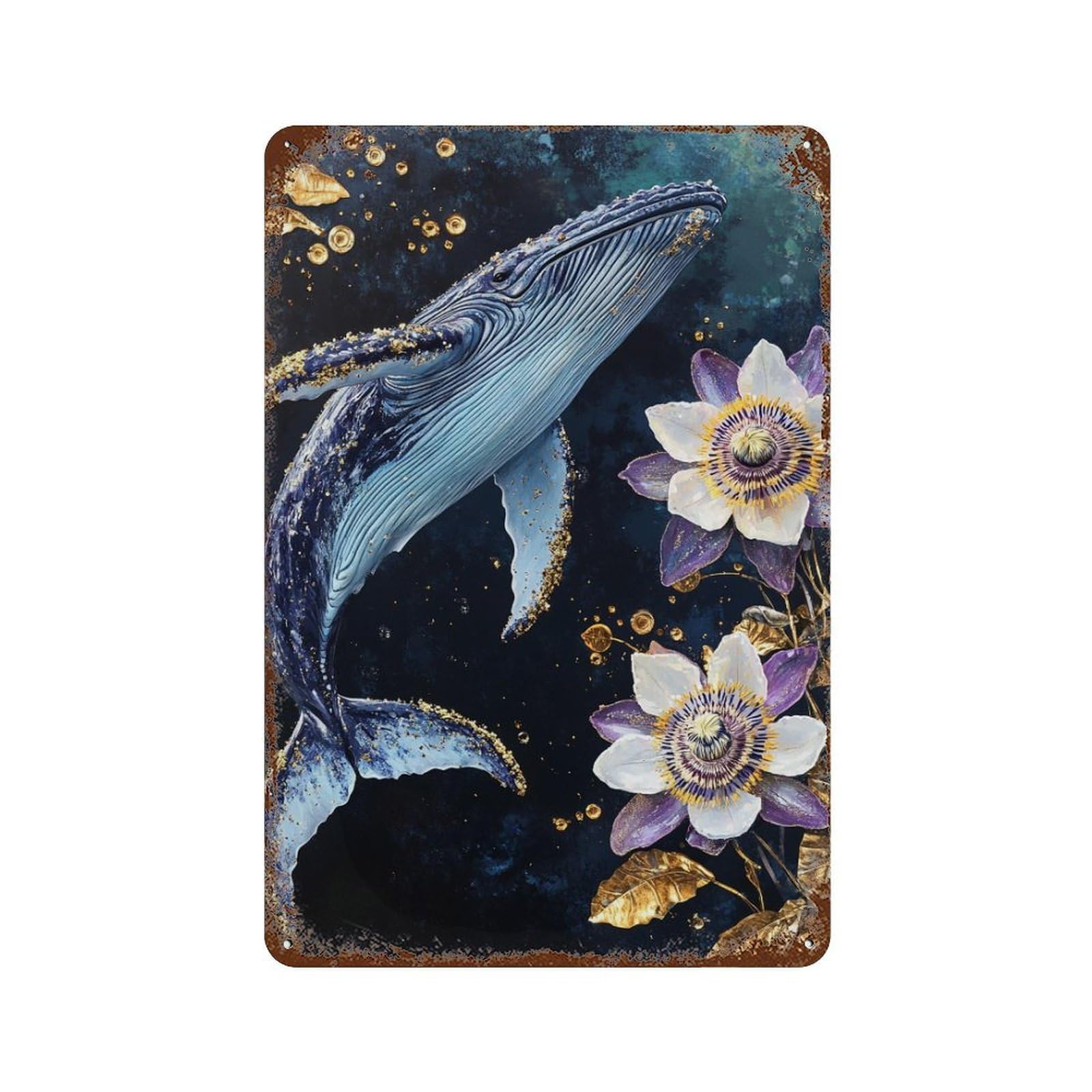 Whale And Passion Flower Art Print Weathered Tin Sign 11.8"x7.9", Rustic Home Decor for Garage, Pub Or Kitchen