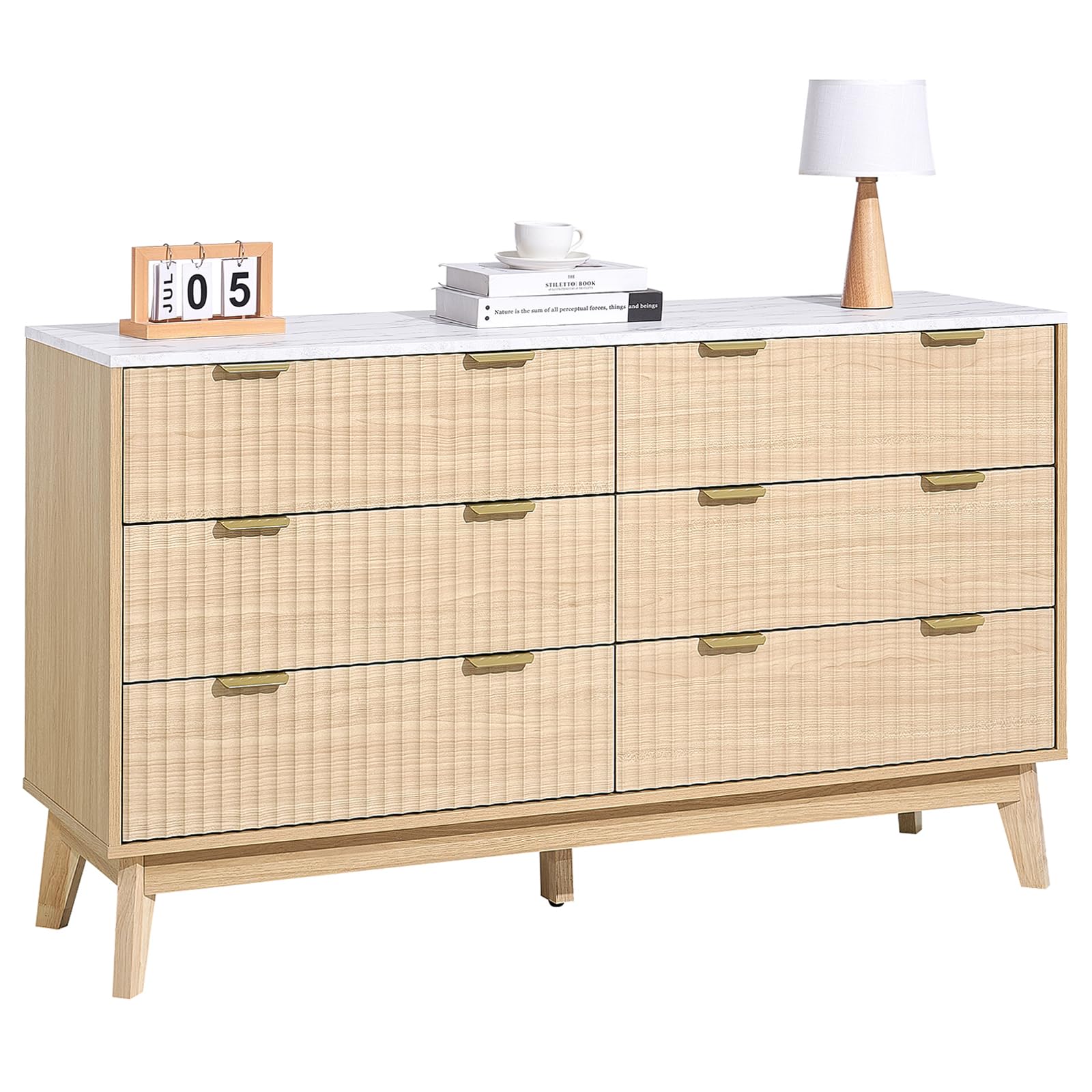 VEVOR 6 Fluted Drawer Dresser, Wooden Chest of Drawers with Sliding & Anti-tip Device, Modern Minimalist Dresser Chest, Fluted Closet Storage for Living Room, Hallway, Bedroom, Entryway, Light Wood