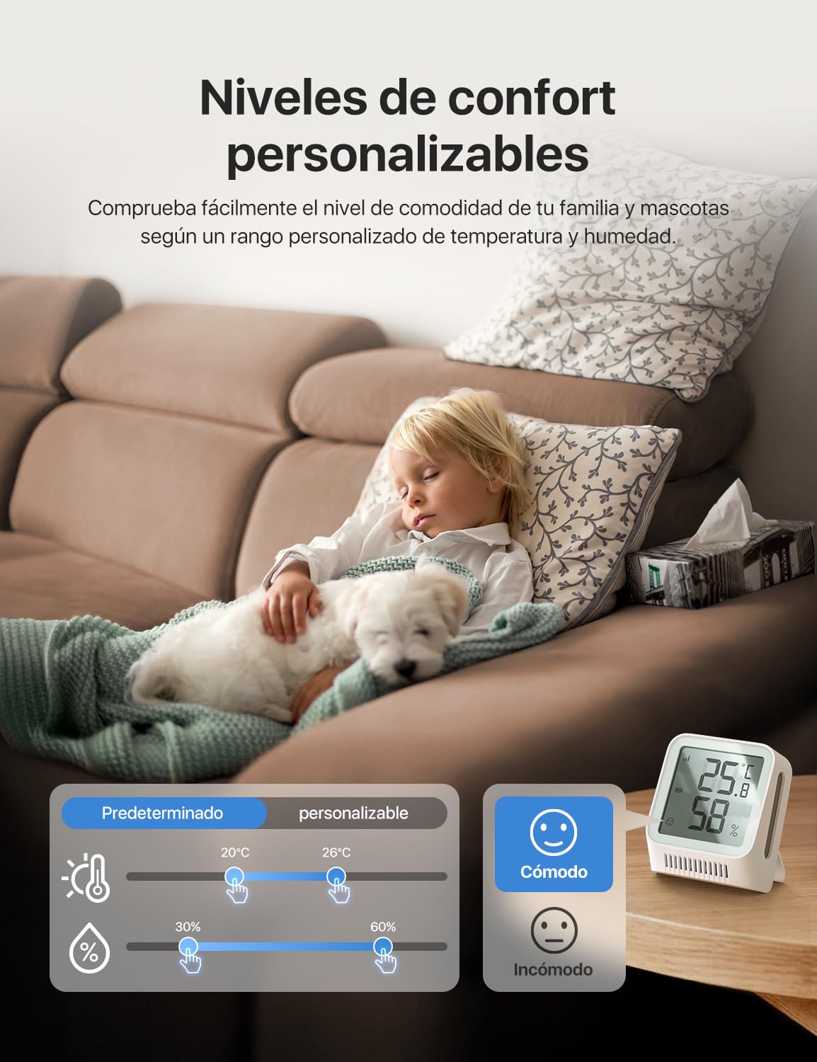 X-sense Termómetro digital con higrómetro interior, WIFI mini termómetro con aplicación X-Sense App, zona de confort adaptada, indicador sonriente, 3 sensores y 1 estación base, Kit STH0A31