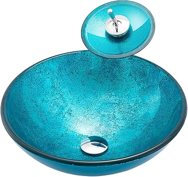 Bathroom Vessel Sink Vanity Tempered Glass Vessel Bowl Sink Round Blue Countertop Sink Bowl Above Counter Sink Art Basin with Waterfall Faucet, Pop Up Drain