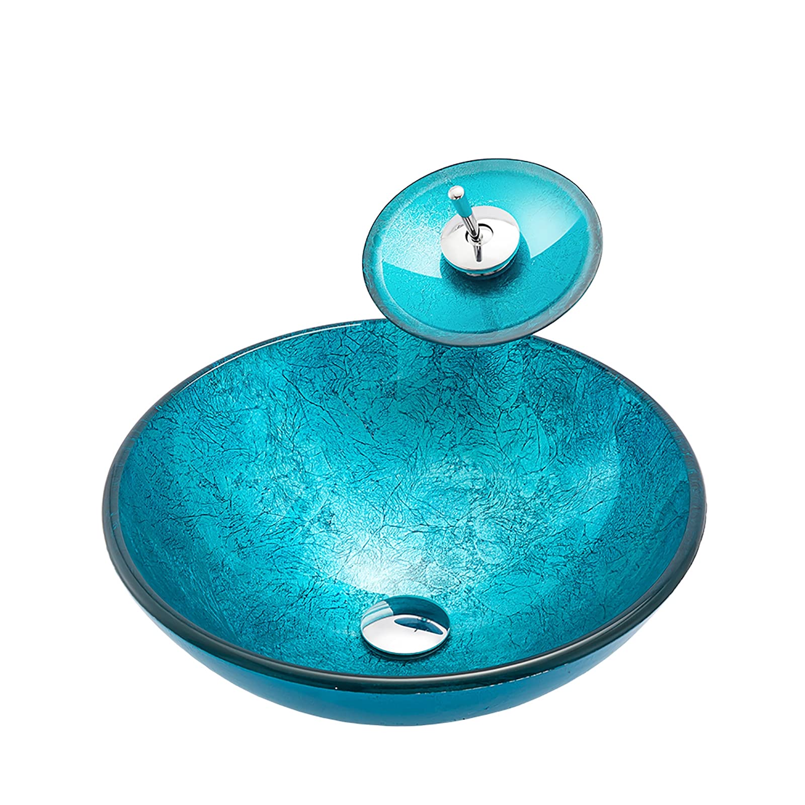 WOTZOV Bathroom Vessel Sink Vanity Tempered Glass Vessel Bowl Sink Round Blue Countertop Sink Bowl Above Counter Sink Art Basin With Waterfall Faucet,