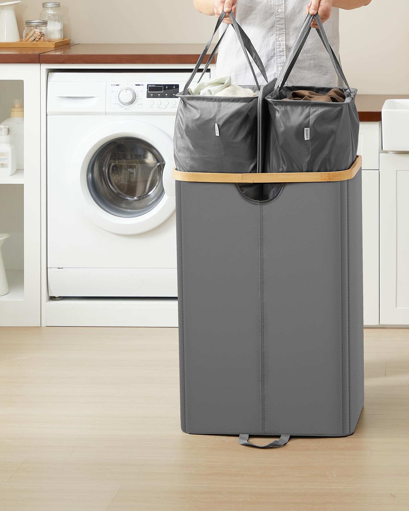 ZYNERY Cesto Portabiancheria Doppio 150L Con Sacchetti Rimovibili E Coperchio – Bianco