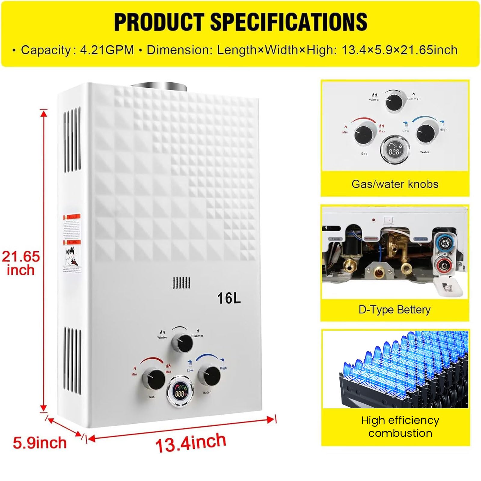 Calentador de Agua a Gas, 16L Calentador de Agua LPG Instantáneo, Calentador de Agua Sin Tanque Con Pantalla LED, Para Duchas al Aire Libre [Clase de eficiencia energética A]
