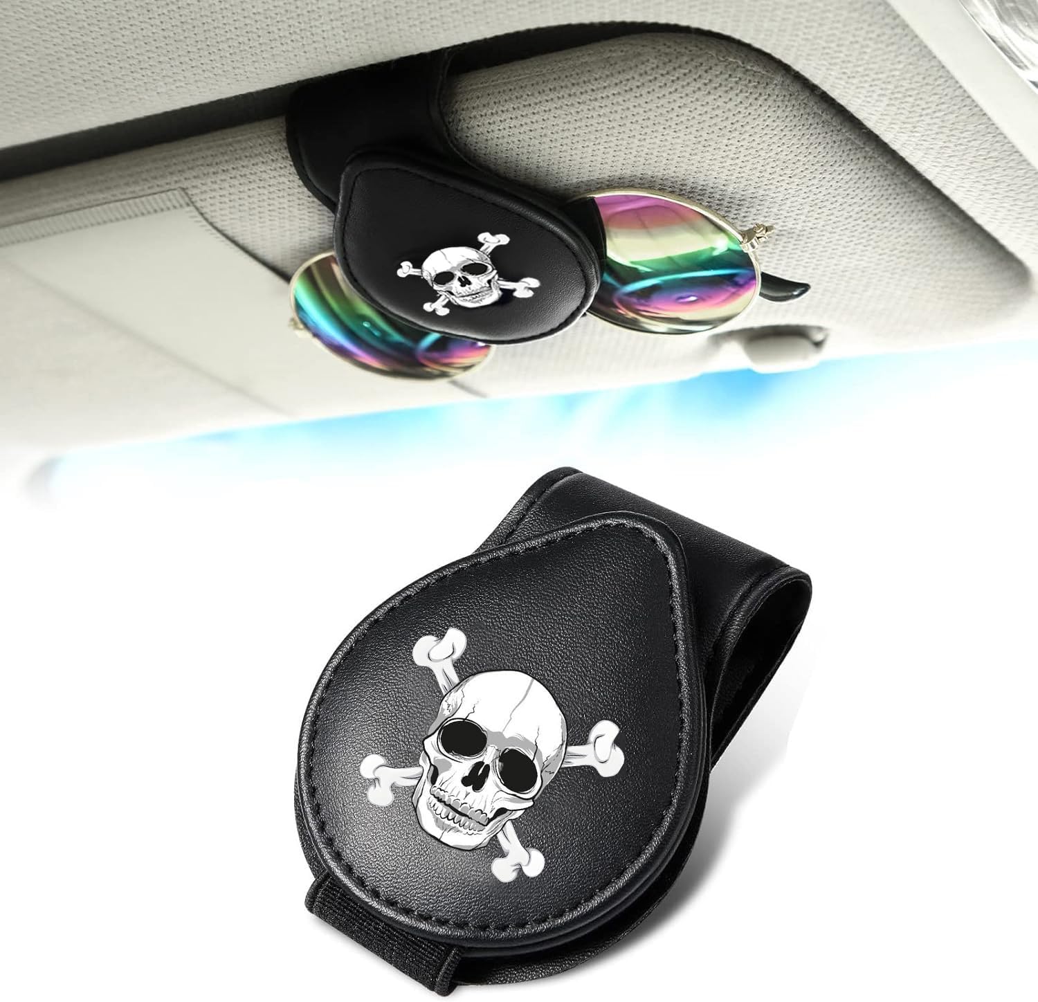 FLYEEGO Sunglass Holder for Car Visor, for Anime Skull Skeleton Magnet Sunglasses Holder for car, Cartoon Leather Car Sunglass Holder, Visor Sunglass Holder with Glasses Cards