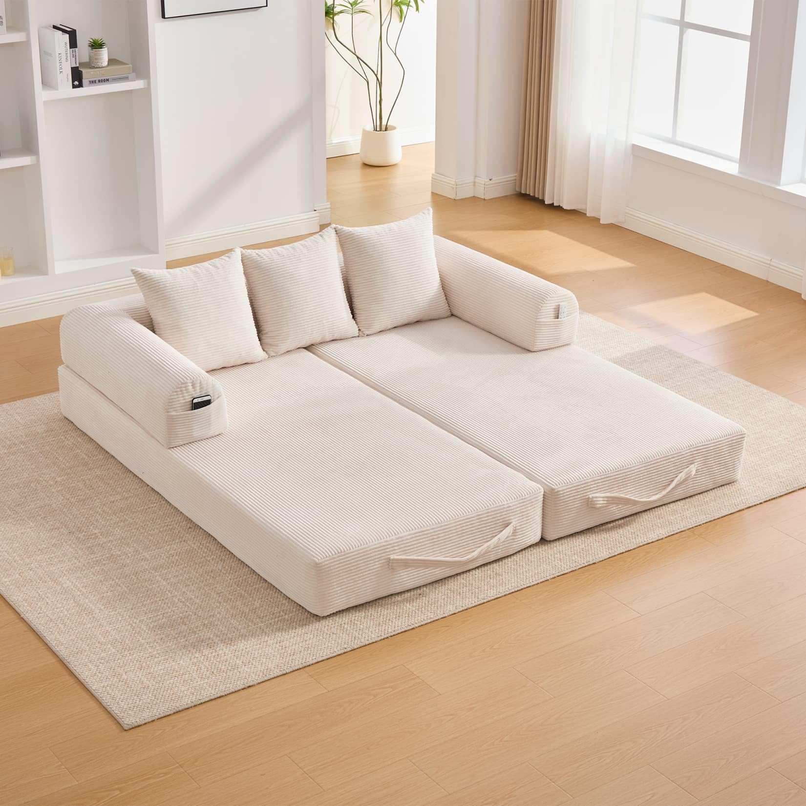 Canapé 2 Places en Velours côtelé,Canapé Lit Convertible Multifonctionnel Moderne,Poches Latérales et 3 Coussins,DIY Libre,pour Salon,Chambre,Bureau (Beige-L)