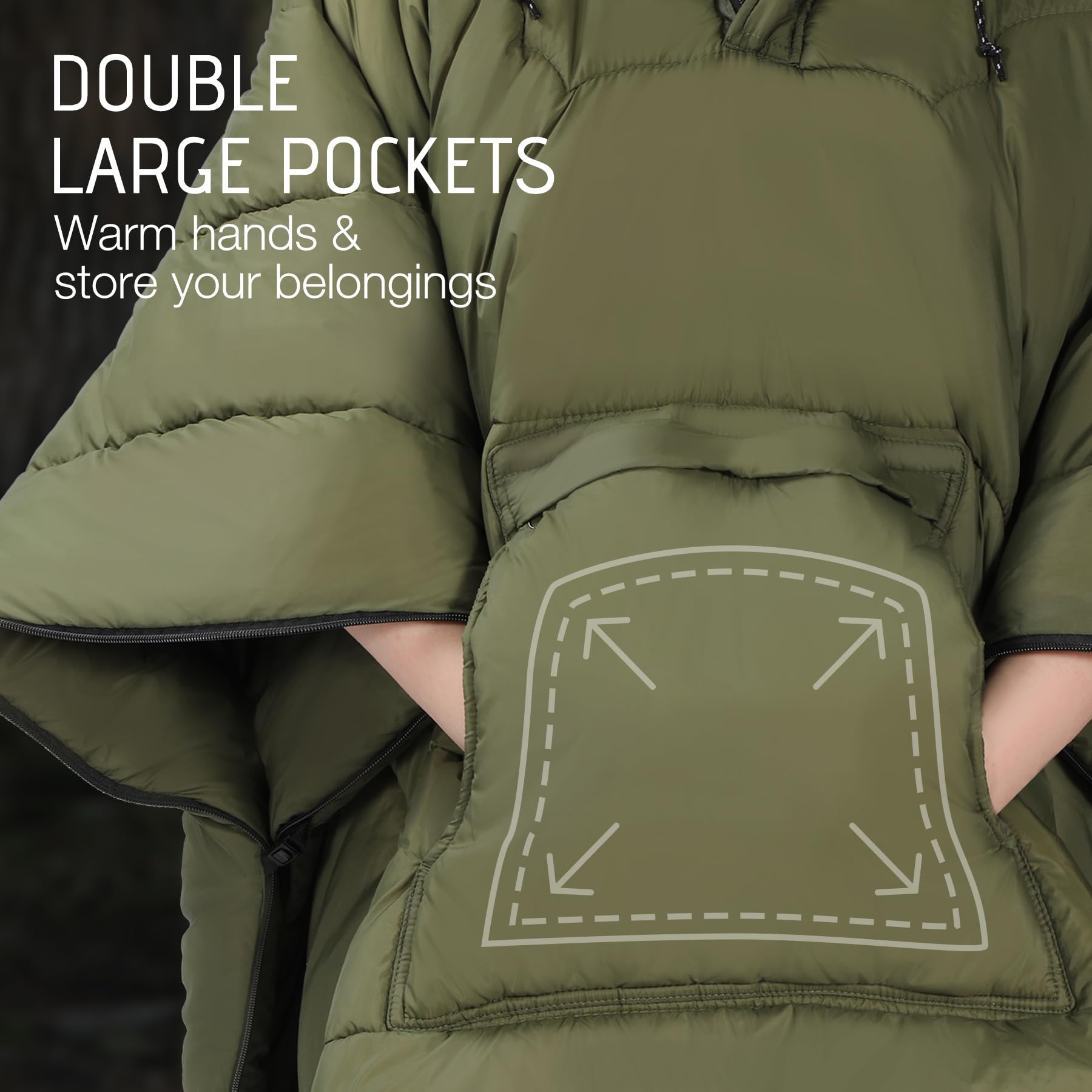 REDCAMP Outdoor Poncho Decke mit Hut, Ultraleicht Multifunktionale und Warm Camping Wasserdichte Decke für Damen und Herren, Wechseln Sie zu Einer Steppdecke oder Schlafsack,für Wandern, Picknick