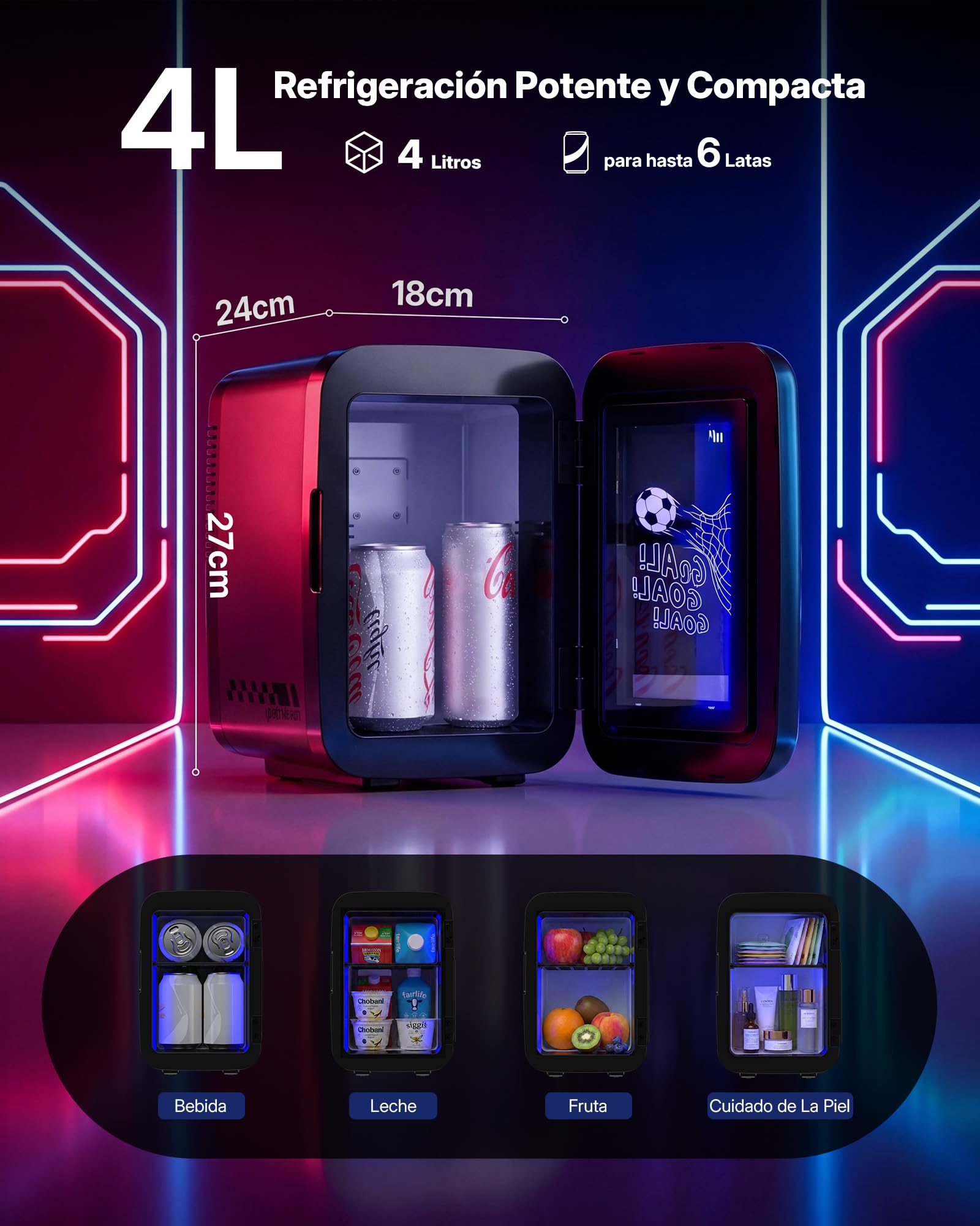 Upstreman Mini Nevera 4L/6 Latas, Silenciosa, Mini Frigorifico LED de 7 Colores,Refrigeración & Calefacción, 12V/220V, Nevera Pequeña para Bebidas y Cuidado de La Piel, Serigrafía de Fútbol, TR4-F