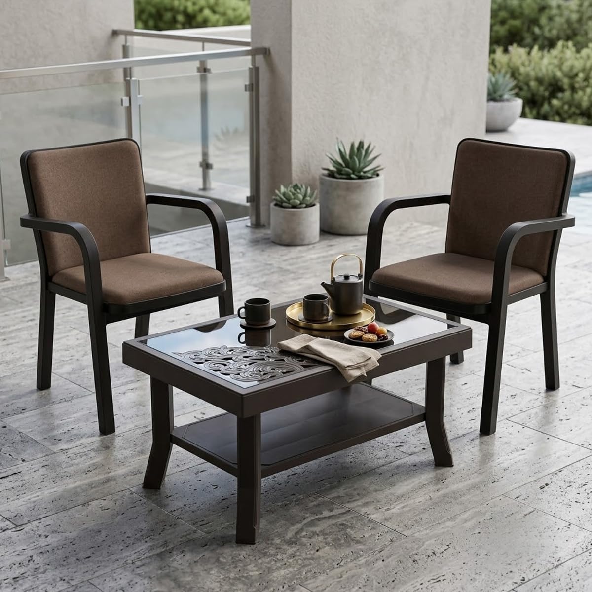 Nilkamal Luxe Chair and Glass Top Coffee Table Set | 2 Chairs and 1 Table | Plastic Furniture Set for Indoor and Outdoor Use, Balcony, Garden, Patio & Living Room | Season Rust Brown and Weather Brown-image-4