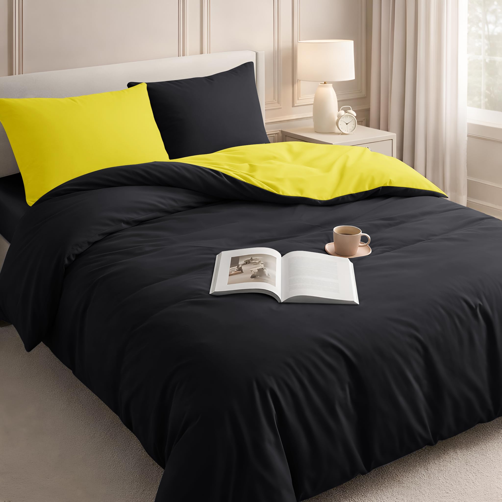 Velosso Duvet Cover Sets - Brushed Microfibre Duvet Covers with 2 Pillowcases - Hypoallergenic Ultra Soft Breathable Quilt Cover Set (Yellow/Black, Single) — image 1