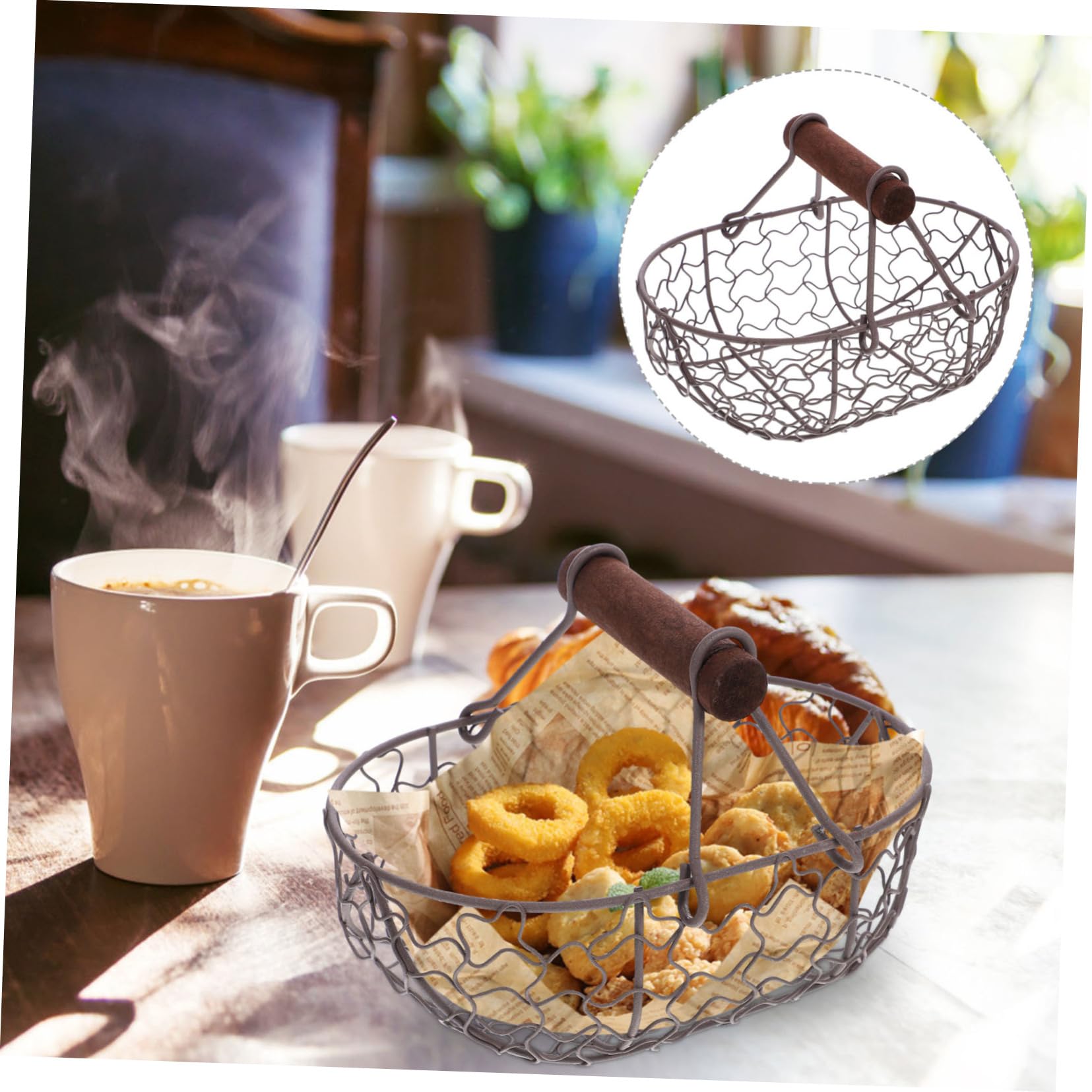 DOITOOL Vintage Black Wire Egg Basket with Wood Handle Heatproof Metal Storage Basket for Kitchen Egg Collection and Fruit Storage Compact 4.7 Inch Wire for Home Use - Image 2