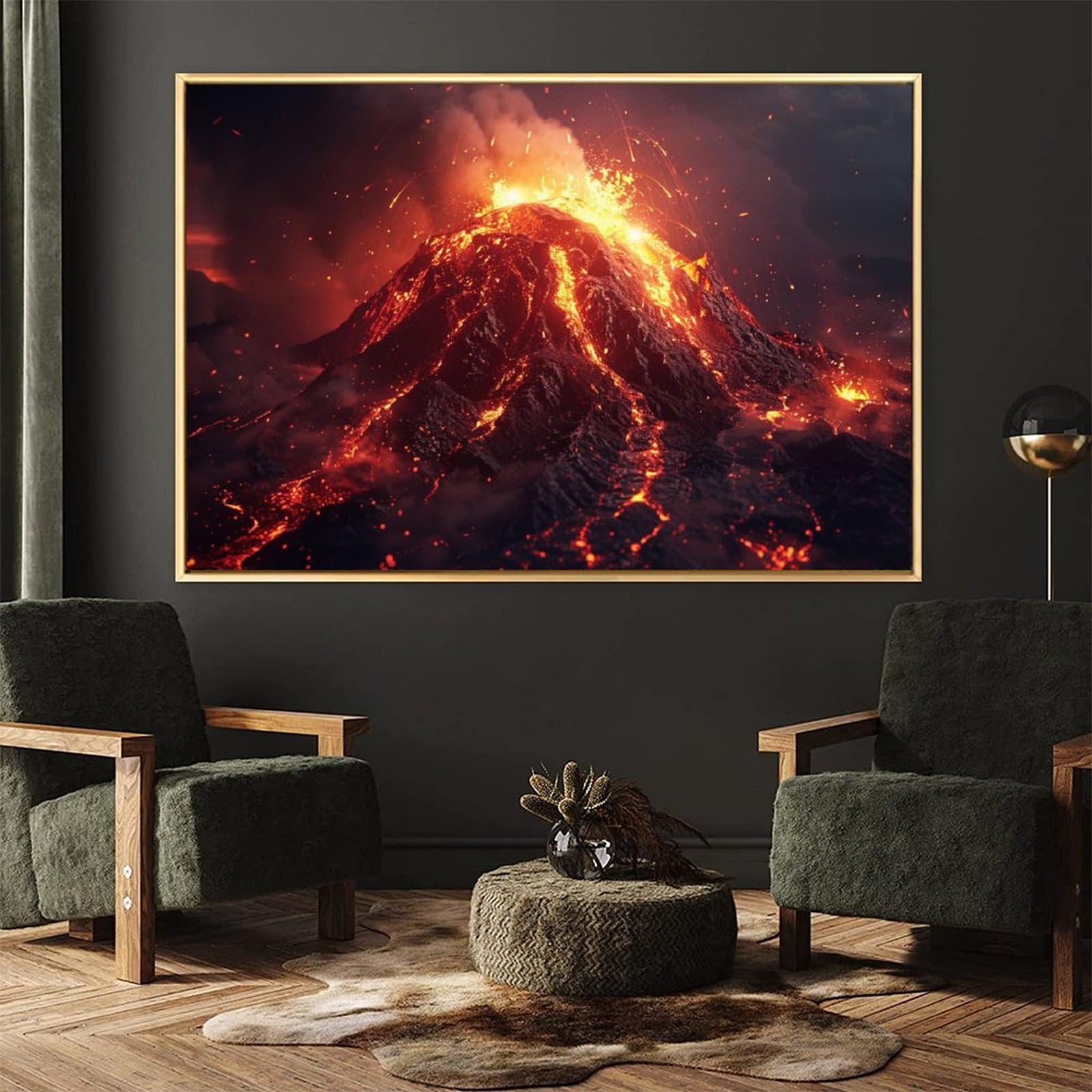 火山の風景 油彩画 約40cm 火山の絵画 山の風景 オリジナルアート 手作り壁飾り - ショップ